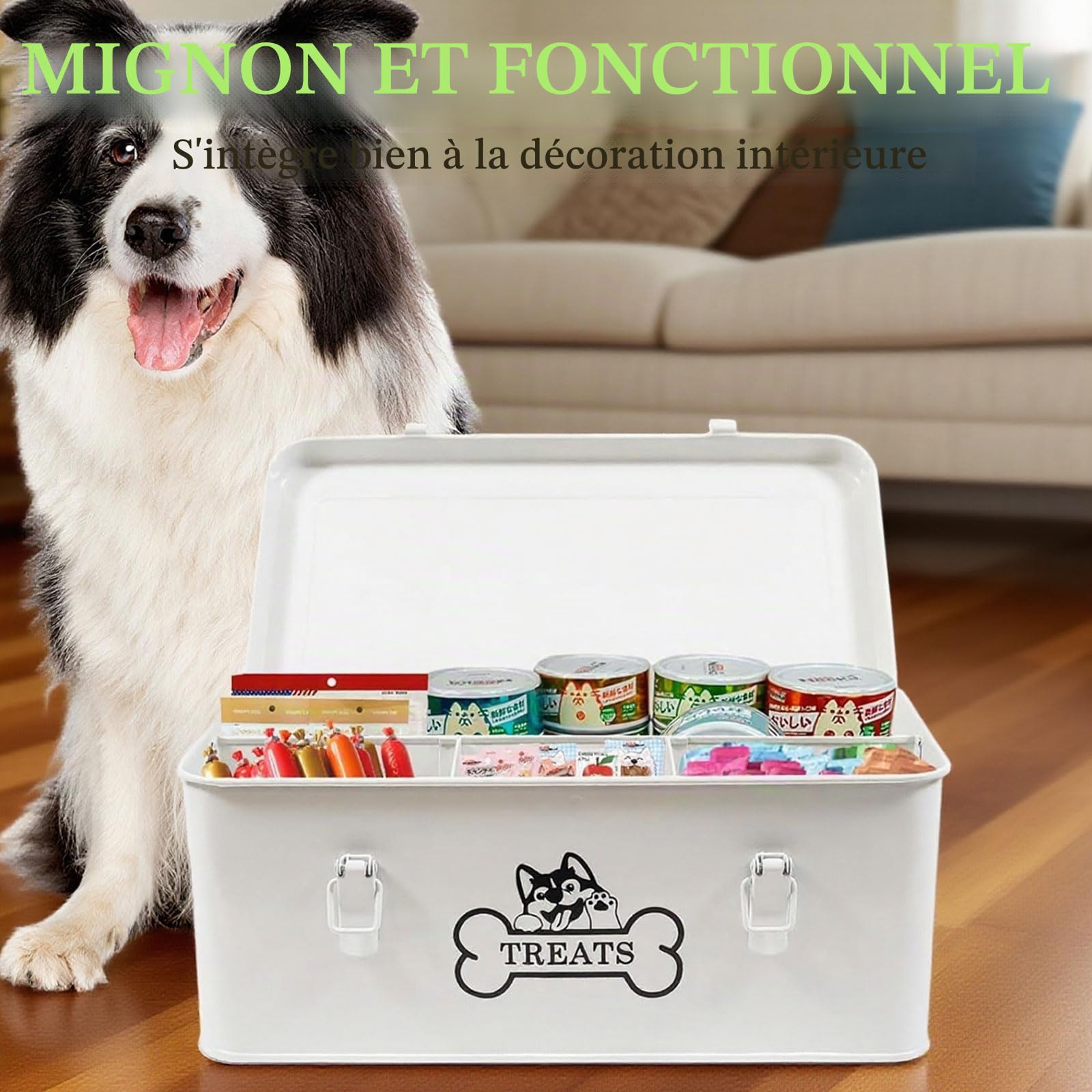 Récipient en métal pour chien - 8,5 l - Hermétique avec couvercles et compartiments de séparation - Blanc - Rangement de friandises avec serrure pour nourriture sèche, boîte à goûter, étagère