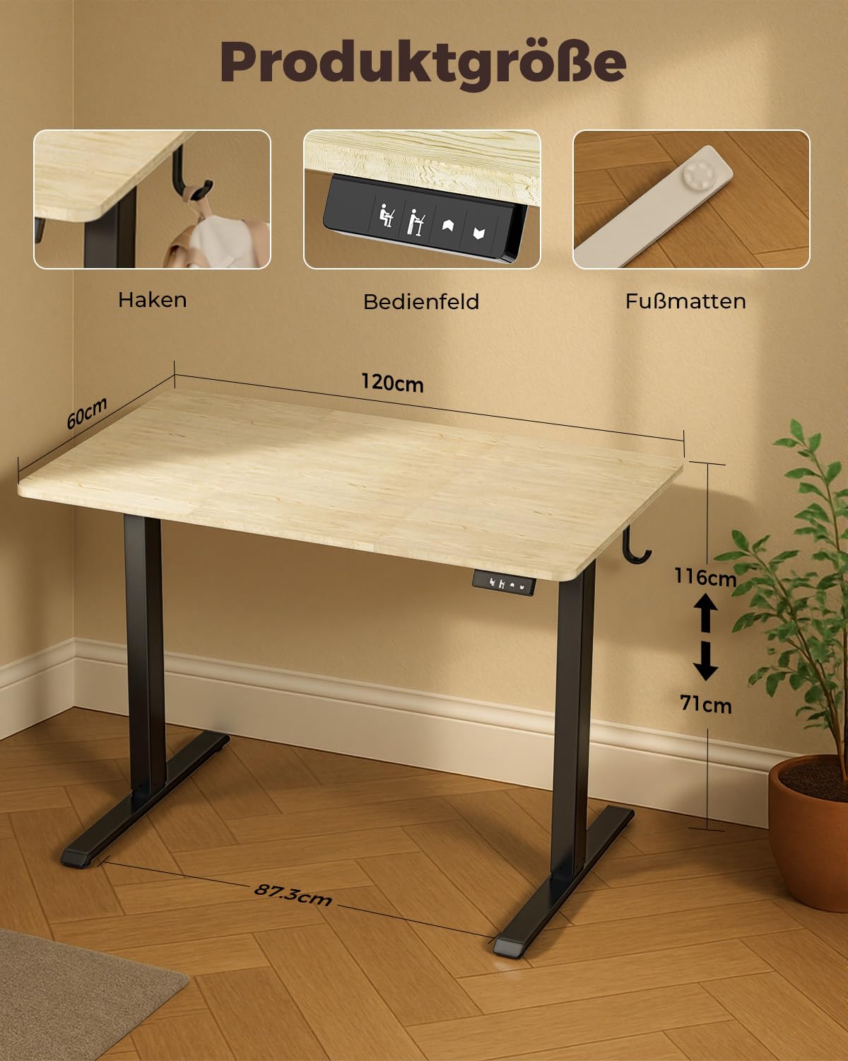 Höhenverstellbarer Schreibtisch, Schreibtisch Höhenverstellbar 100 x 60 cm, Memory Preset mit 2 Höhen, Einfache Montage, für Home Office, Arbeitszimmer und Spiele, Naturholz
