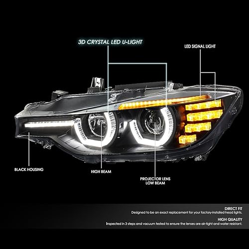 Miniatura 2 de DNA MOTORING HL-3D-F3013-BK Faros delanteros de proyector de cristal U-Halo con carcasa negra con señal de giro LED 3D compatible con 12-16 F30