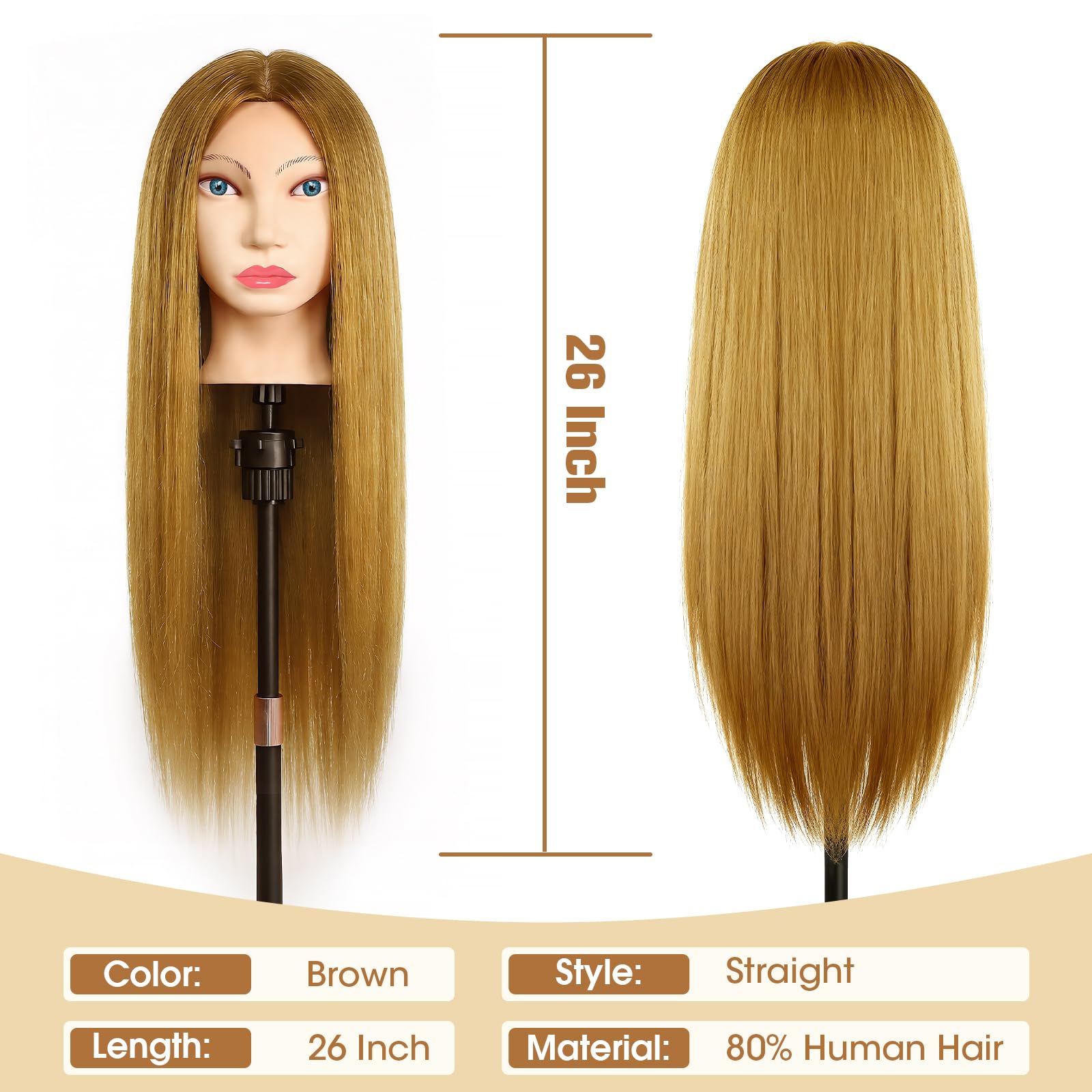TopDirect Testa di manichino da 66 cm, 80% capelli veri, per cosmetologia, parrucchiere, manichino, con morsetto da tavolo + set per treccia (capelli dorati + occhi azzurri)