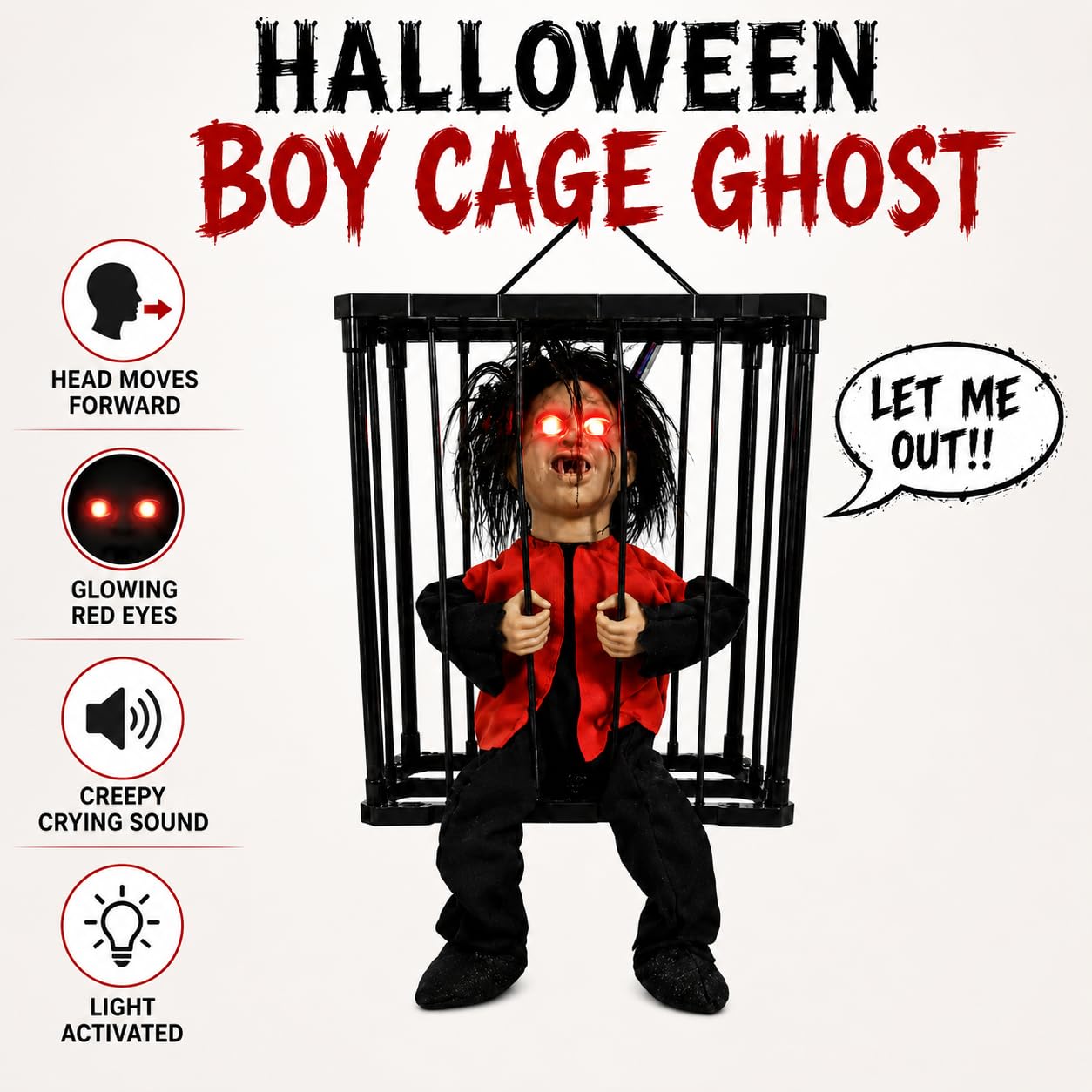 Duch Chłopca w Klatce Halloween, Dekoracja Aktywowana Światłem z LED