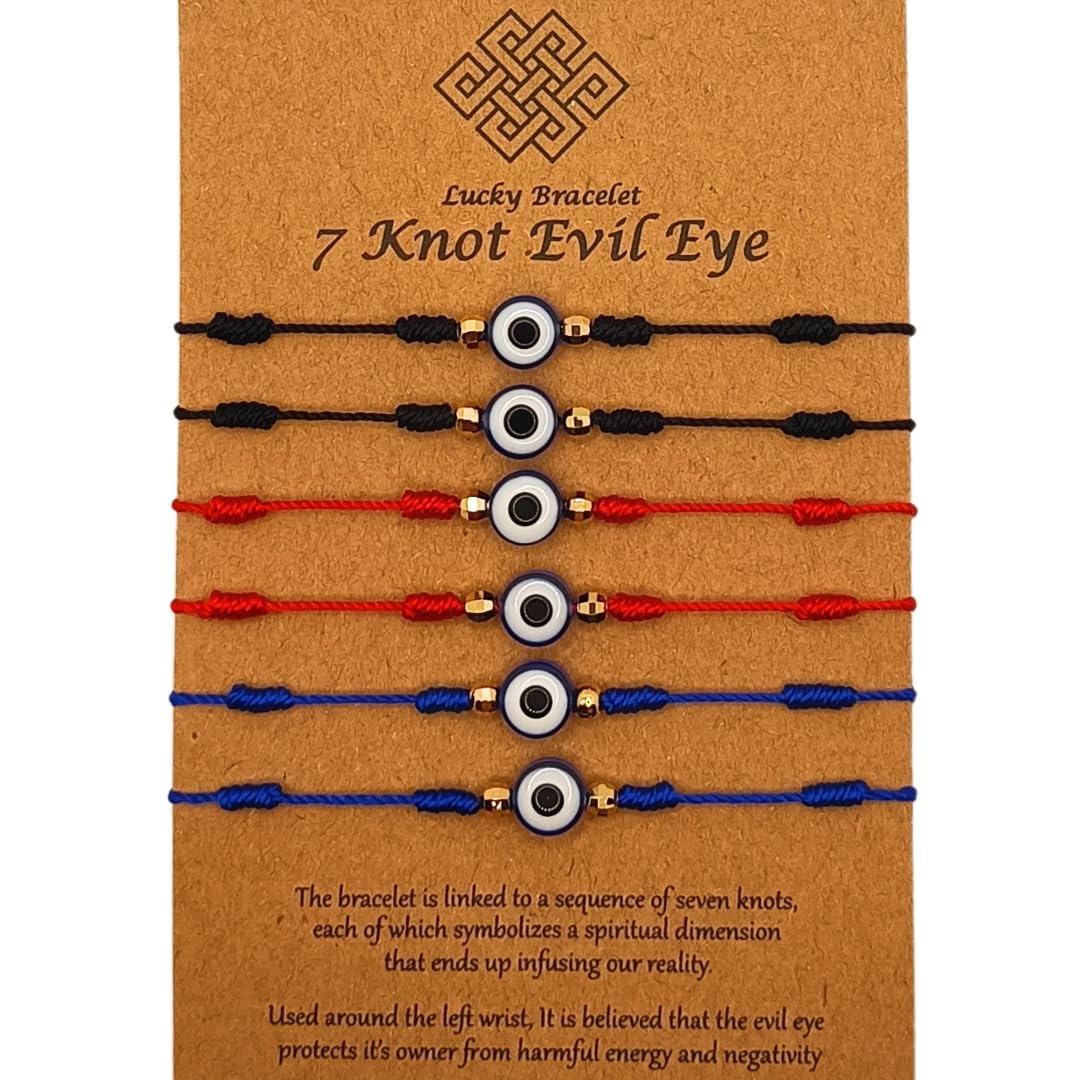 Ananas Products Pulsera 7 Nudos - 6 Piezas - 3 colores - Protección Mal de Ojo y Envídia - Buena Salud y Energía - Amuleto de la suerte - Pulsera Ojo Turco - Hilo de Kabbalah - Adultos - Pulseras para Parejas - Niños