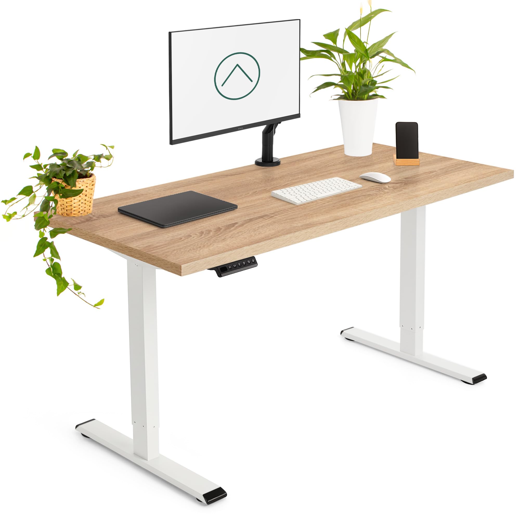 Escritorio Elevable Eléctrico | Tablero 140x70 cm Roble | Patas Blancas | Ajustable en Altura 71-121 cm | Standing Desk Ergonómico, Mesa Elevable