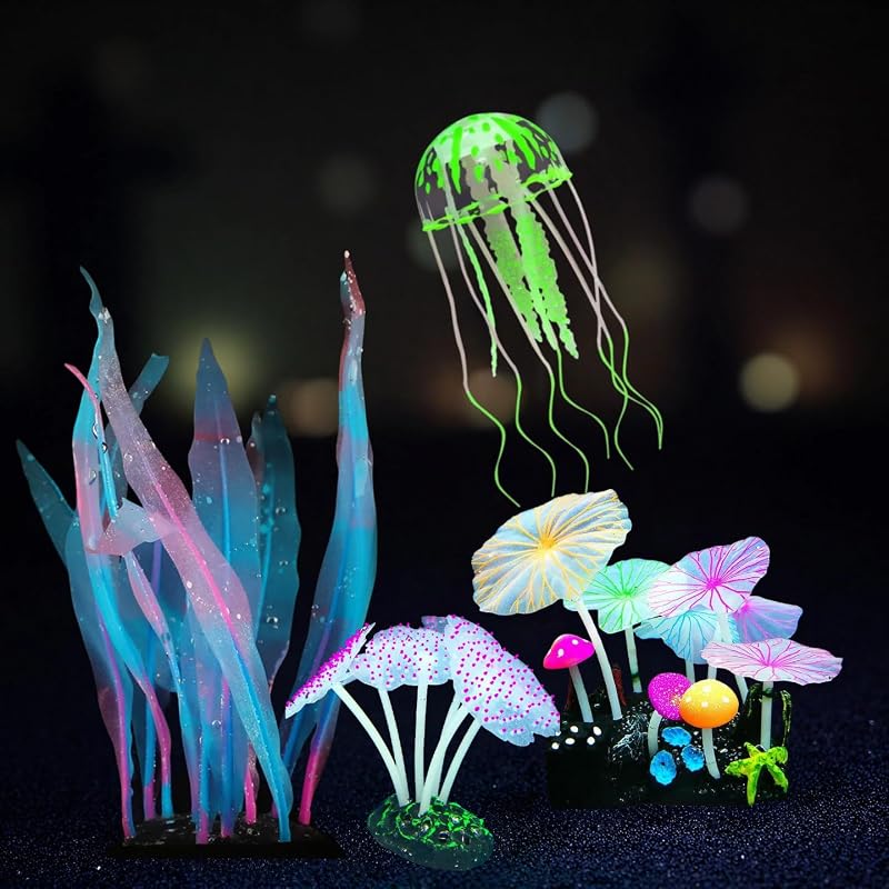 Enfeites para Aquário de Silicone Fluorescentes Zeiwysi com Planta, Anêmona, Cogumelo e Água-viva, Pacote com 4