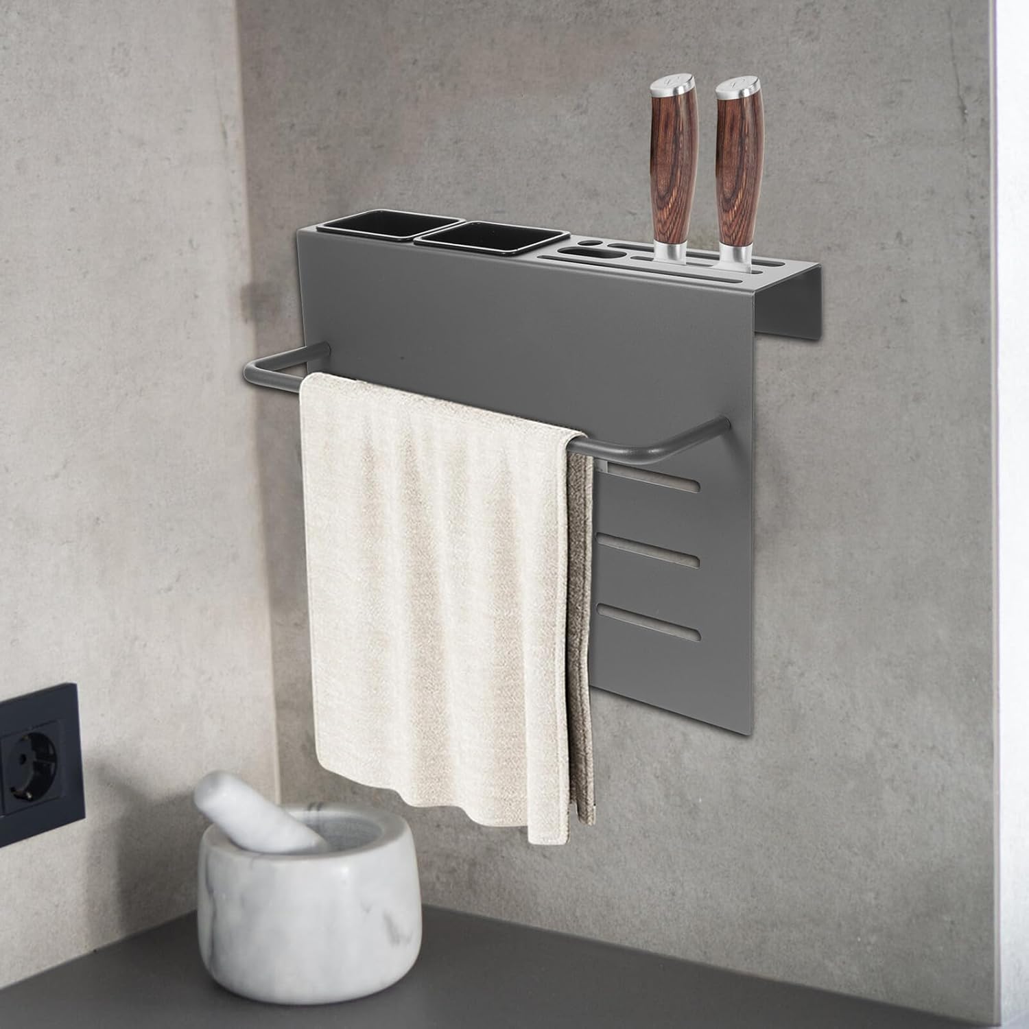 Lurrose Wall-mounted Kitchen Knife Holder with Chopstick and Cutting Board Organizer, Multi-function Utensil Storage Rack with Dual Cups and Rod, Gunmetal Gray for Household Kitchen