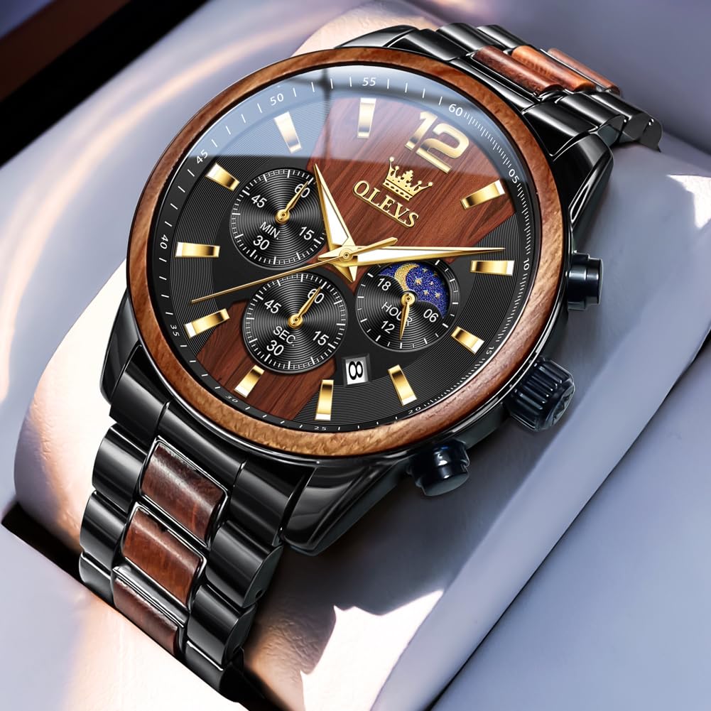 OLEVS Montre chronographe Homme à Quartz Japonais : Bracelet en Bois Massif ou Acier Inoxydable, étanche, Classique et élégante - Cadeau Parfait pour Homme