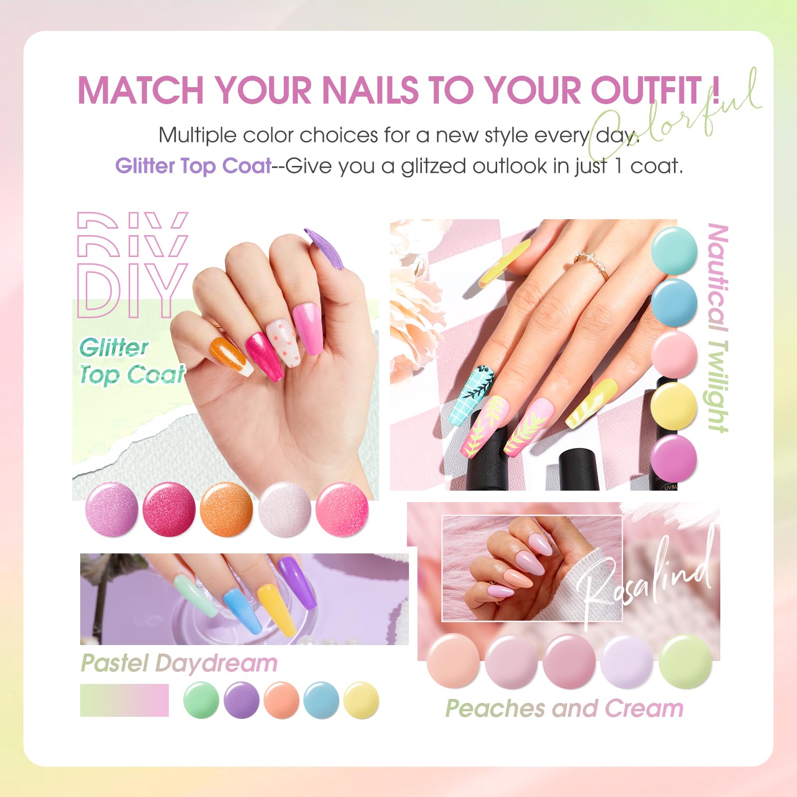 ROSALIND Vernis Semi Permanent 42PCS Pastel Blanc Jaune Vert Bleu Violet | Orange Nude Couleurs Vernis Gel Semi Permanent Pastel, Mini UV/LED Printemps D'été Vernis Semi-permanent Cadeau