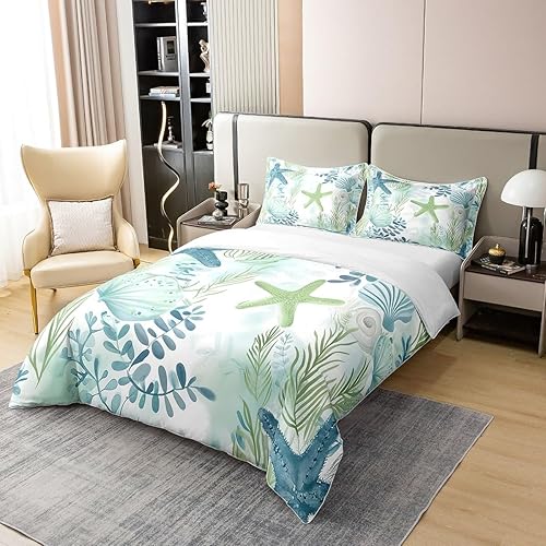 Miniatura 3 de Juego de funda de edredón 100 % algodón con diseño de vida marina oceánica, conchas y conchas para niños y adultos, funda de edredón con 2 fundas de