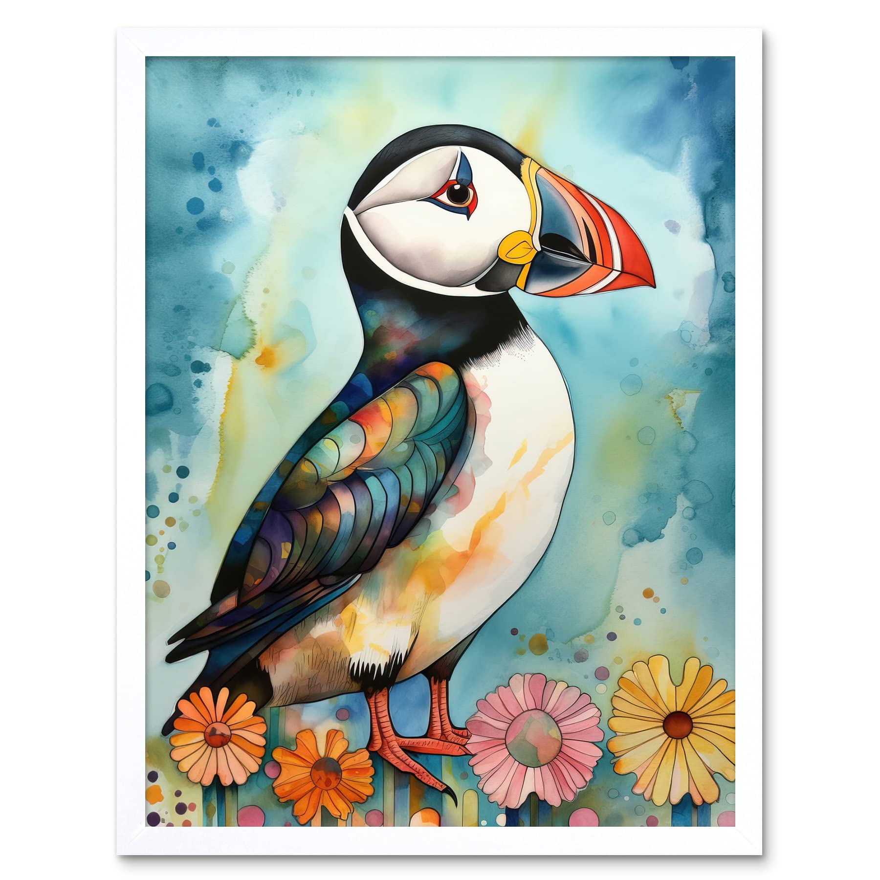 Artery8 Puffin Bird With Flowers Folk Art Art Print Framed Poster Wall Decor 12x16 inch