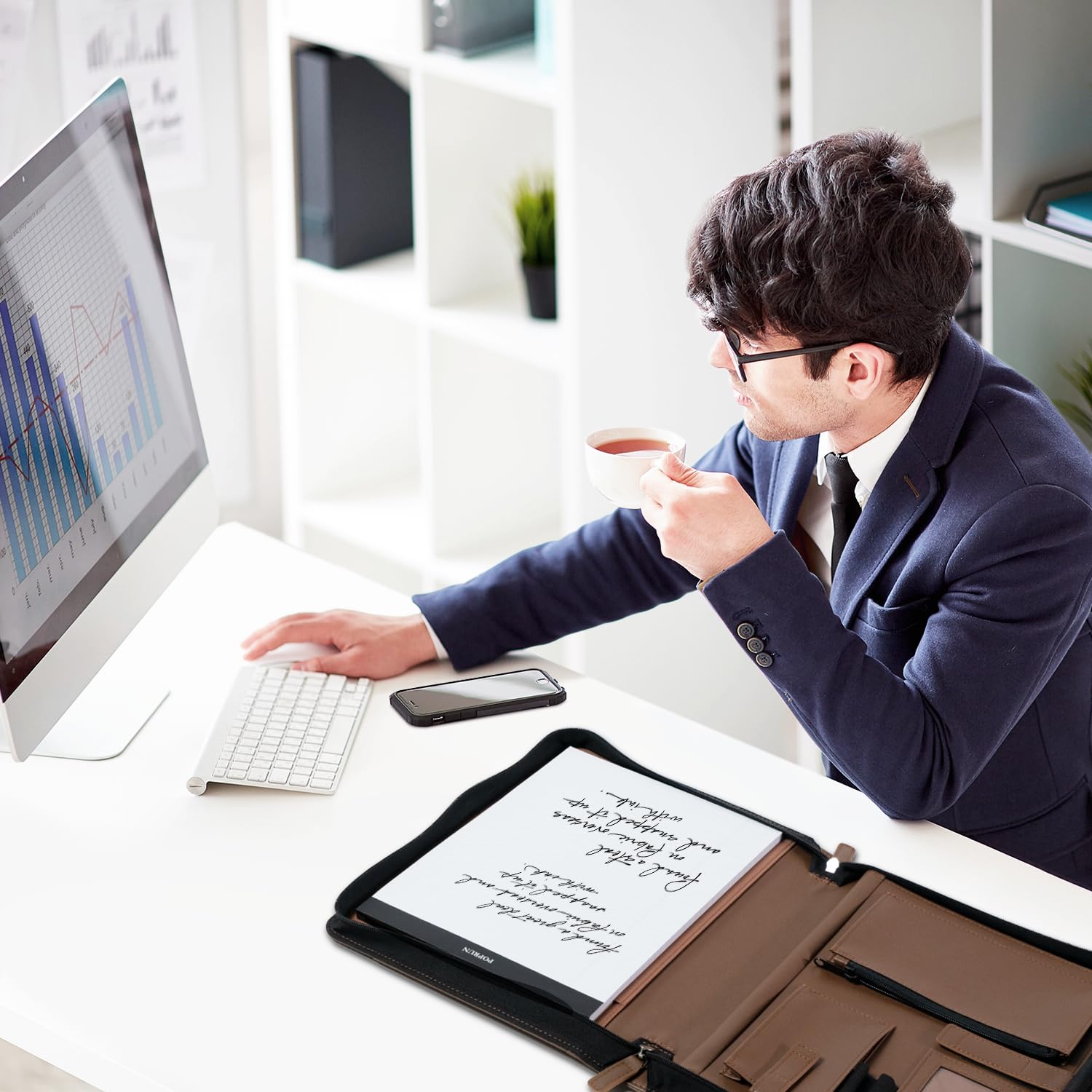 POPRUN Raccoglitore con cerniera, organizer per documenti in pelle con contenitore, cartella professionale ideale per riunioni, presentazioni e lavori, include blocco da 50 fogli, marrone