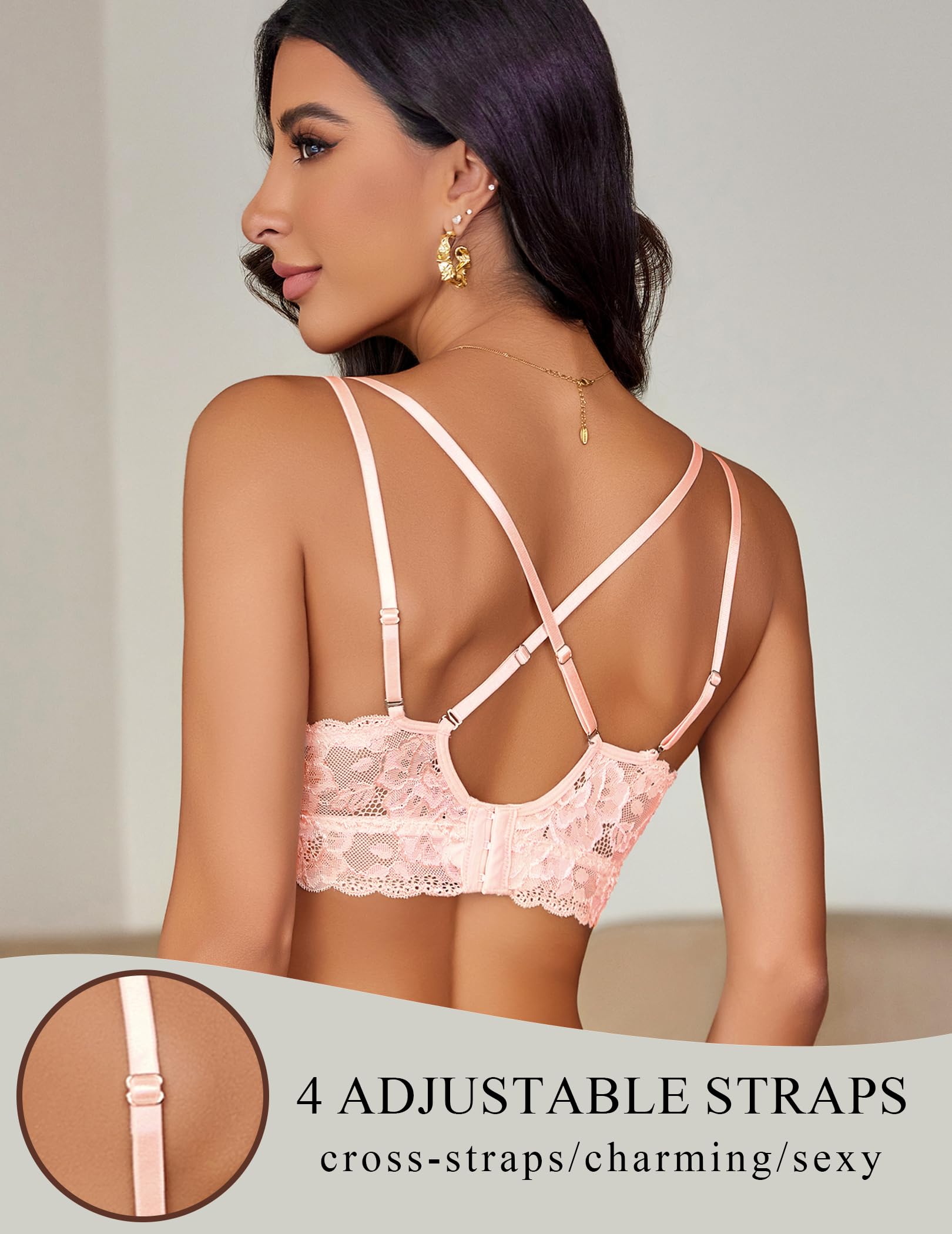 Avidlove Bras for Women Floral Lace Bralettes Deep V Sexy Bras Cross Back Longline Bralette No Padded: Light Pink XX-Large