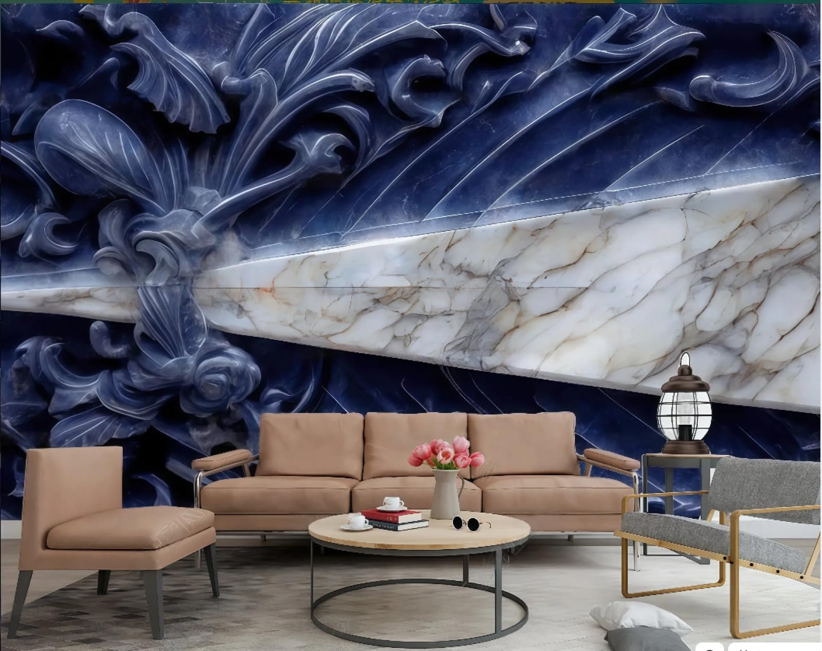 Papier peint moderne bleu pour transformer un mur de salon sombre ou vide
