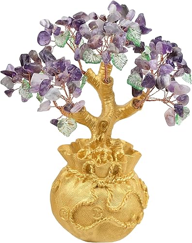 rockcloud Árbol de dinero de cristal con bolsa de dinero dorada, decoración de gabinete de Feng Shui para riqueza y suerte, adorno de bonsái para