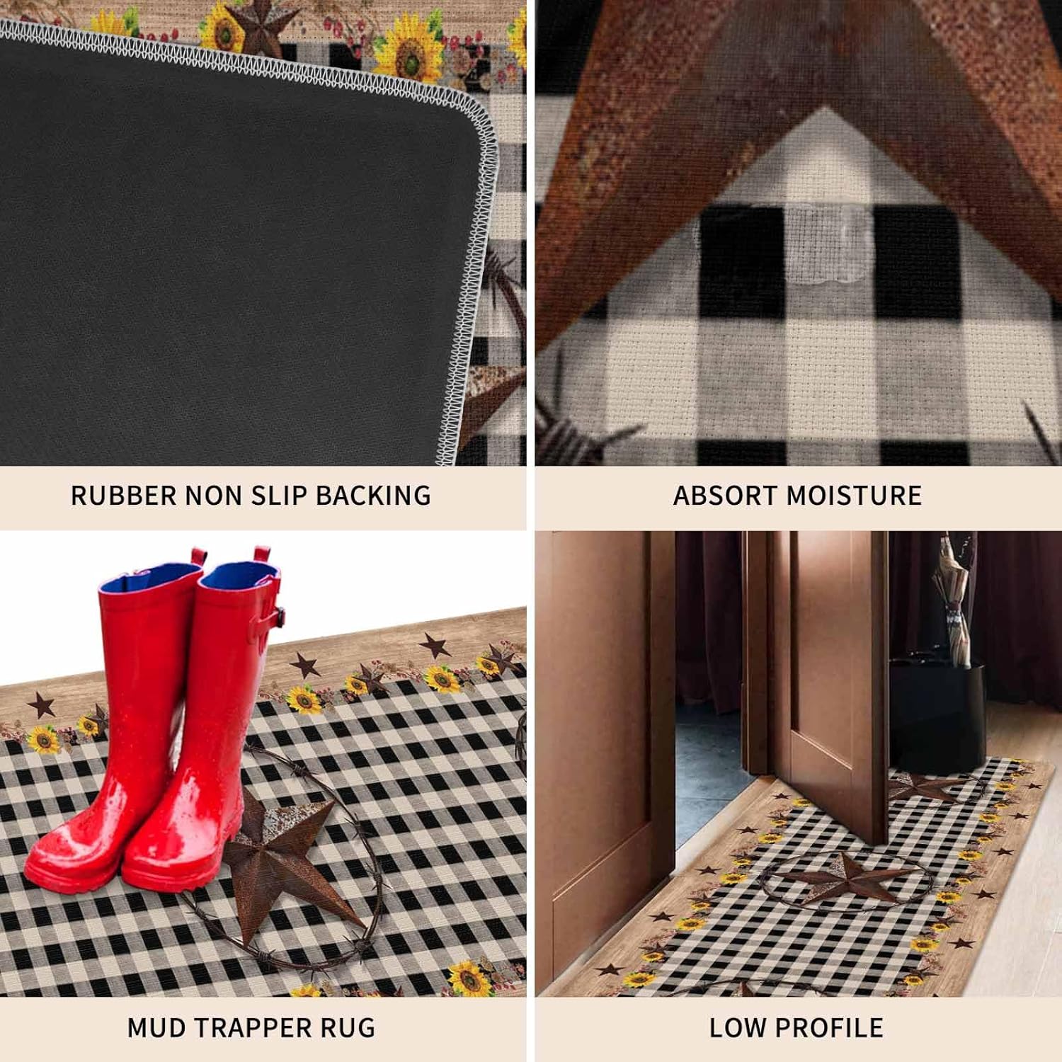 Vintage Country Star Kitchen Mat Set of 2, Cushioned Anti-Fatigue Kitchen Rugs, Waterproof & Non-Slipping Mat for Floor, Farmhouse Plaid Rugs and Mats for Laundry
