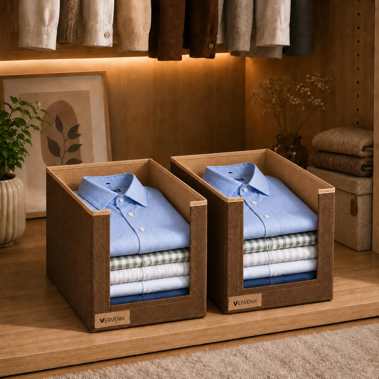 VERVENIX Shirt Stacker Set of 2, Non Woven Foldable Clothes Storage Organizer with Handle, Wardrobe Closet Organizer, Space Saving Cloth Organizer for T-Shirts, Shirts, Jeans, Brown-image-43