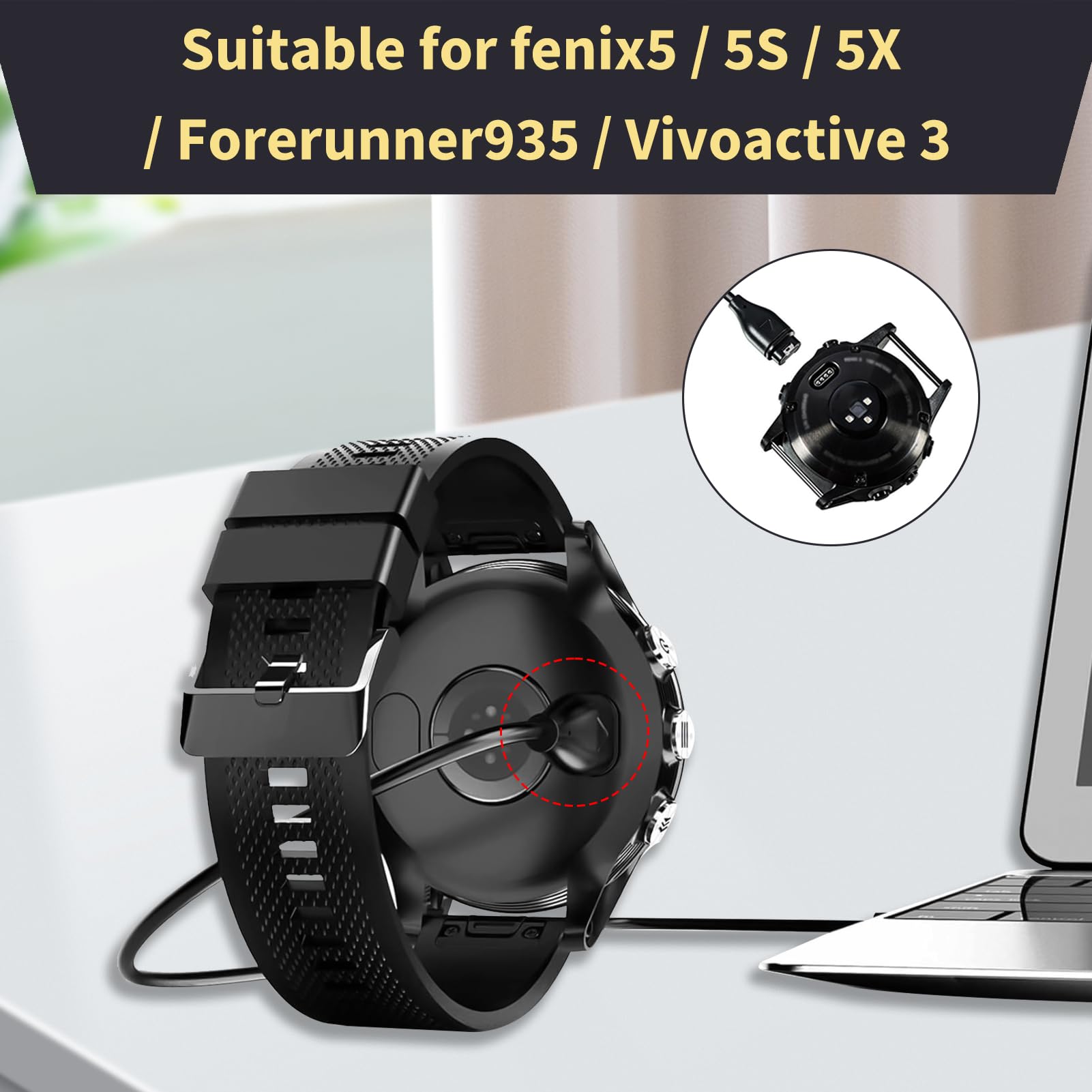 2 Pezzi Caricatore Cavo compatibile con Garmin Fenix 7/6/5 Series, Forerunner 945/935/745, Vivoactive 4/3, Venu, Instinct, Approach S60/S40, D2 Delta, Caricabatterie, Cavo di Ricarica USB da 1M, Nero