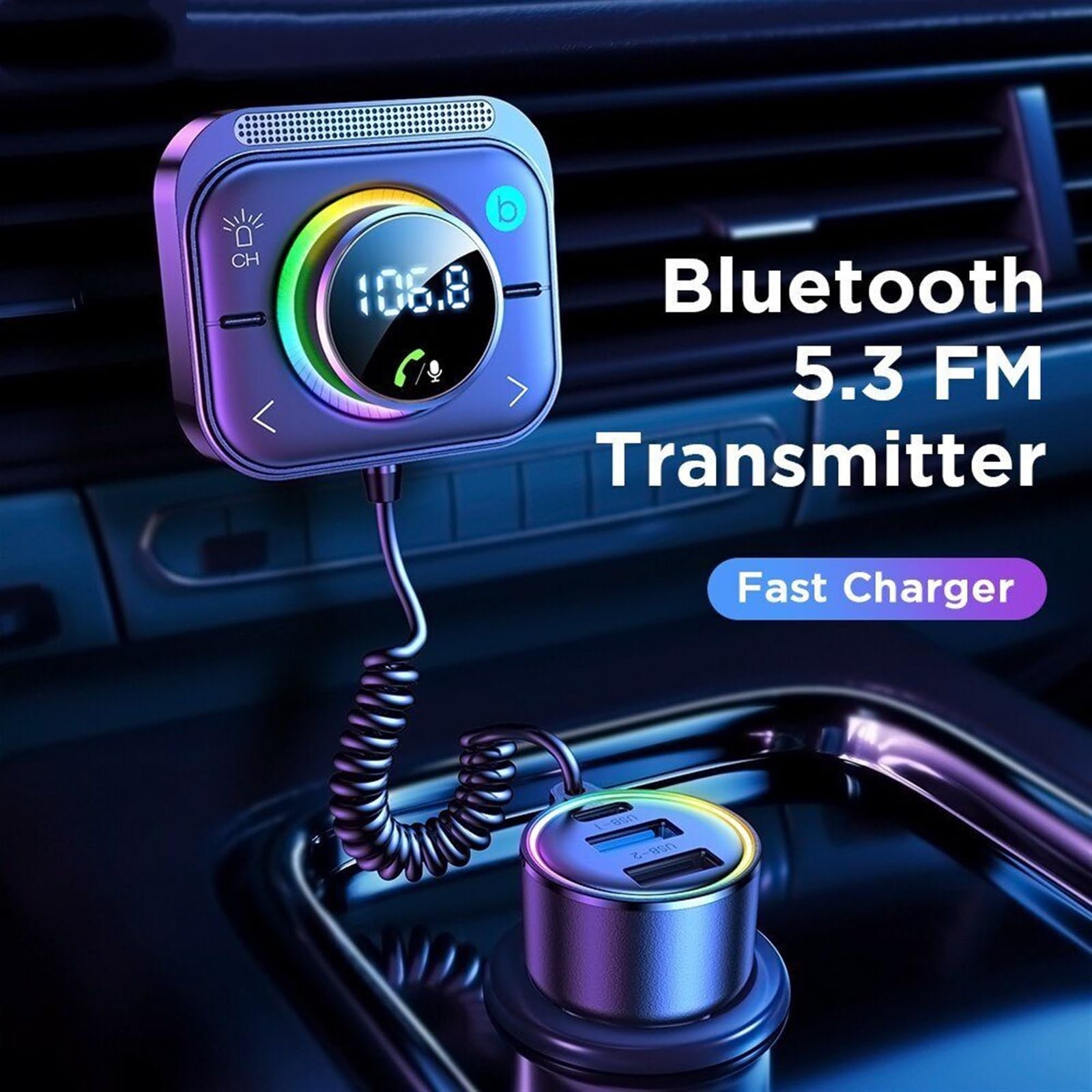 Adaptador de Cargador de Coche Bluetooth 5.3 FM AUX con Bluetooth, instalación en Rejilla de ventilación, 3 Puertos PD QC 3.0 FM, transmisor de Coche Bluetooth