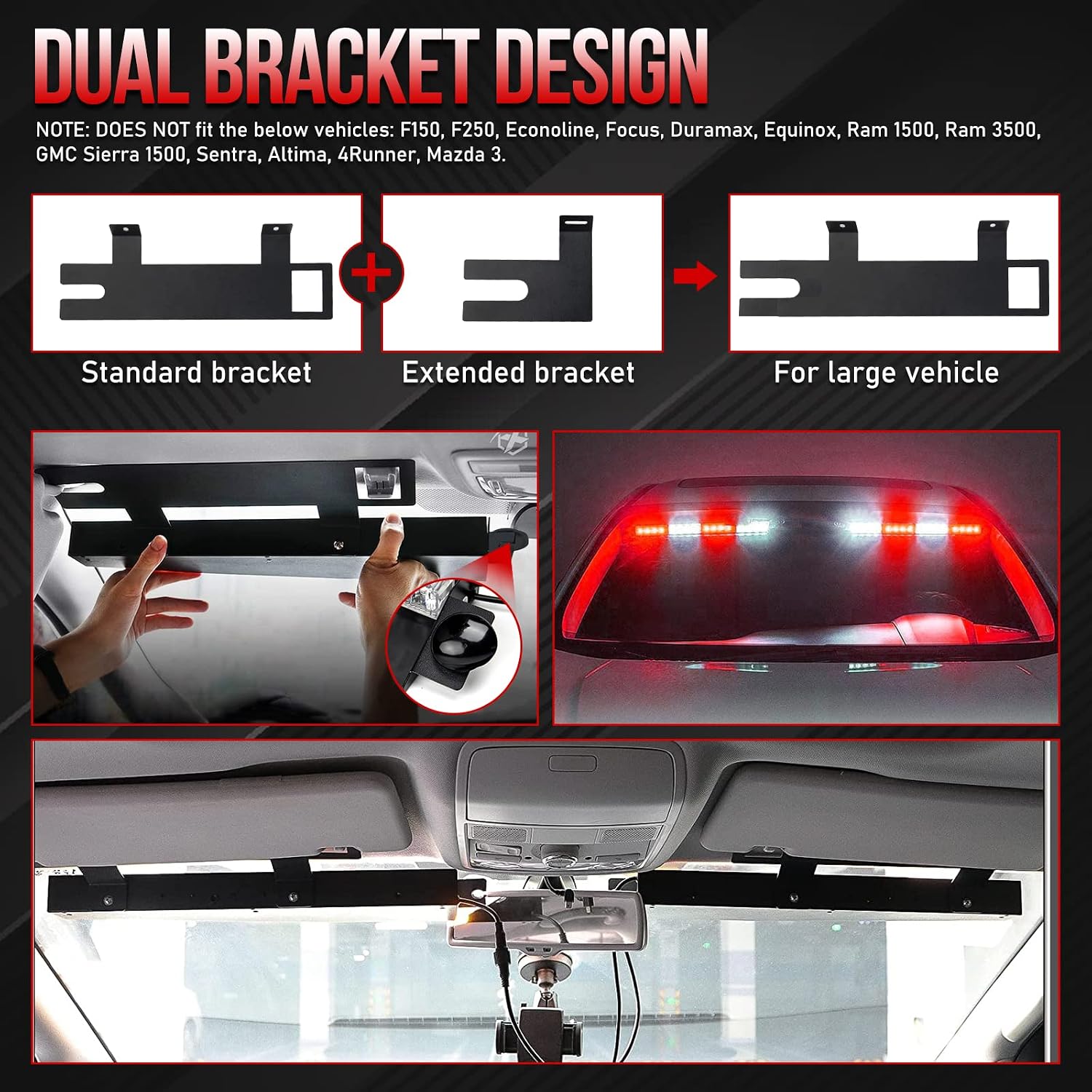 Visor Strobe Light Bar 32-Led, Cigarette Plug, Interior Windshield Dash Sunvisor Emergency Hazard Warning Lights Traffic Advisor Bracket Split Mount for Security Vehicles Truck (White & Red)