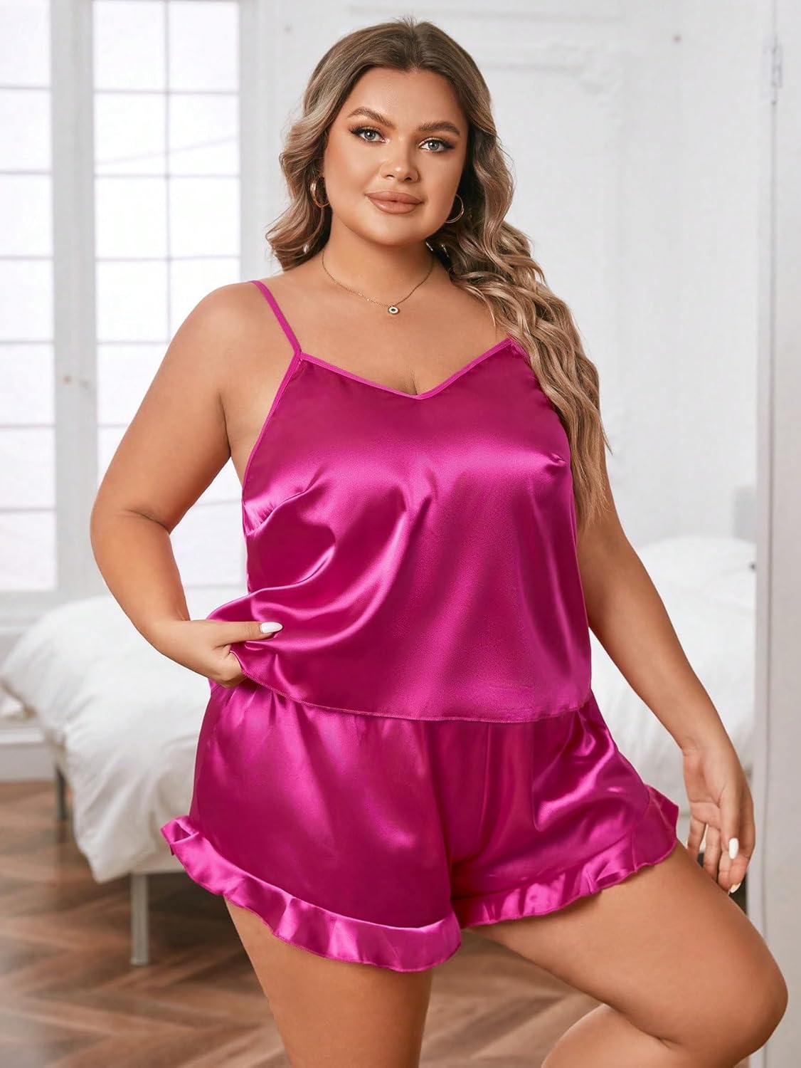 SOLY HUX Women's Plus Size Silk Satin Pajama Set Cami Top and Ruffle Hem Shorts Lounge Sleepwear - Image 5