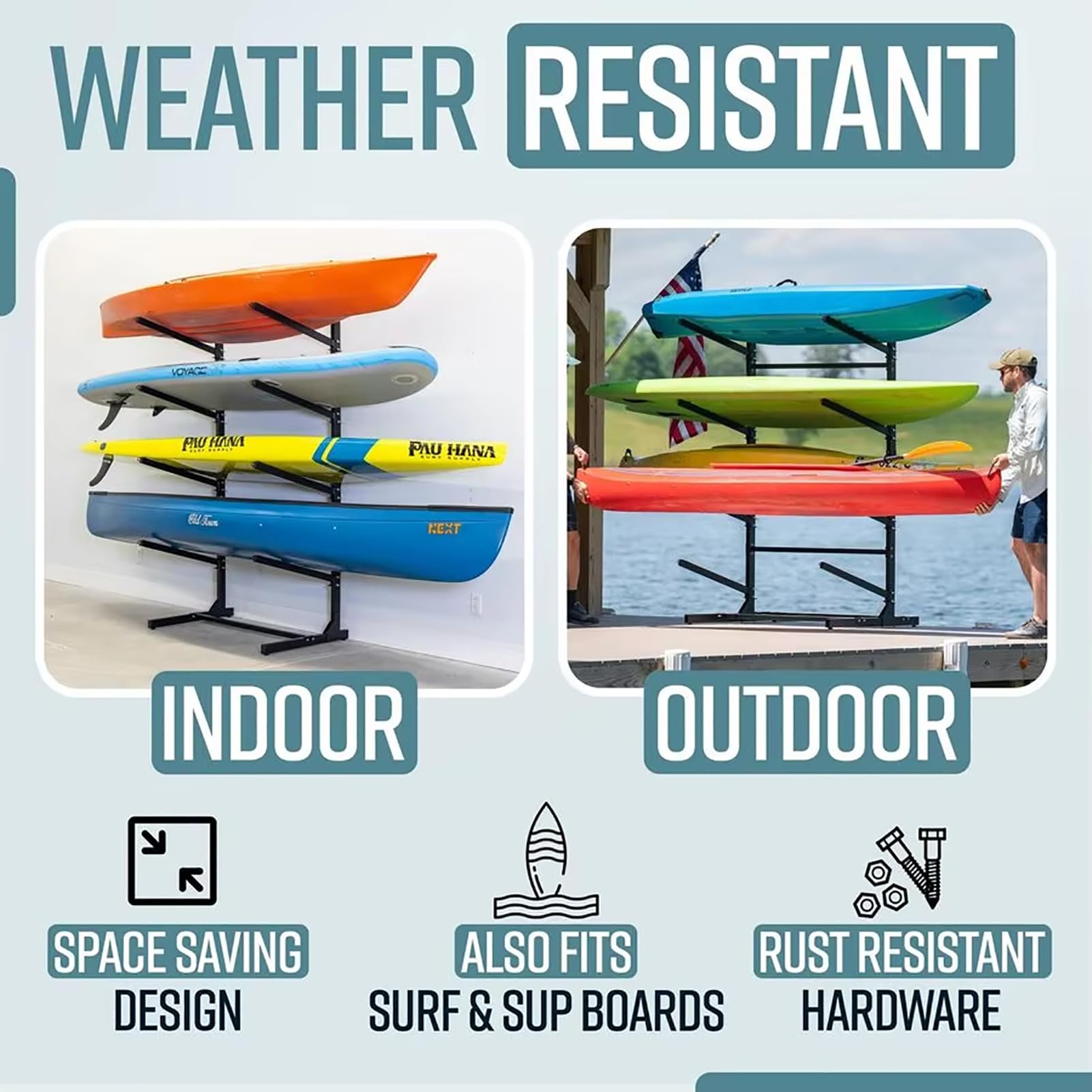 Kajak-Aufbewahrungsregal, robust, freistehend, verstellbar, für Kanus, SUP oder Paddleboards, 45,4 kg Kapazität pro Ebene, hält 2/3/4 Kajaks, langlebig und stabil