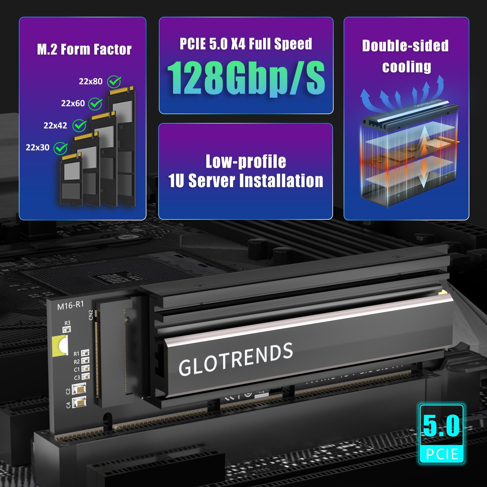 GLOTRENDS PA19-1U adapter M.2 NVMe na PCIe 5.0 X4 bez uchwytu do instalacji serwera PC 1U, aluminiowa osłona radiatora