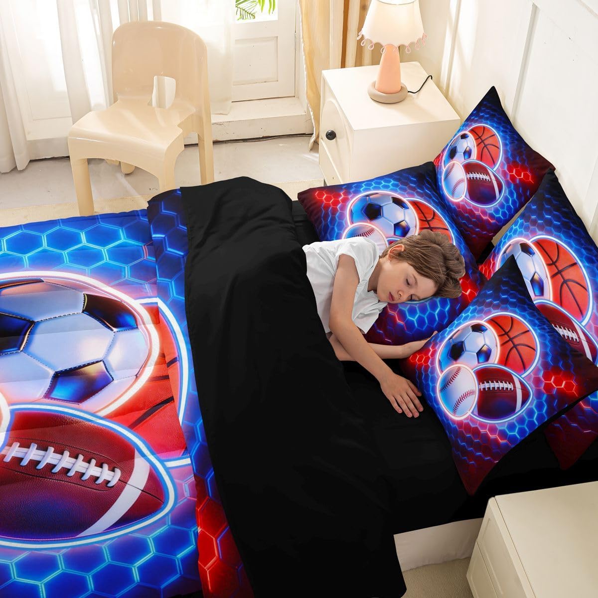 Feelyou Boys Sports Comforter Set Queen Size 7 Pieces Red Blue Hexagon Bedding Set for Kids Football Baseball Basketball Soccer Bed in a Bag with Sheets, Pillow Covers Sports Room Decor Quilted Soft