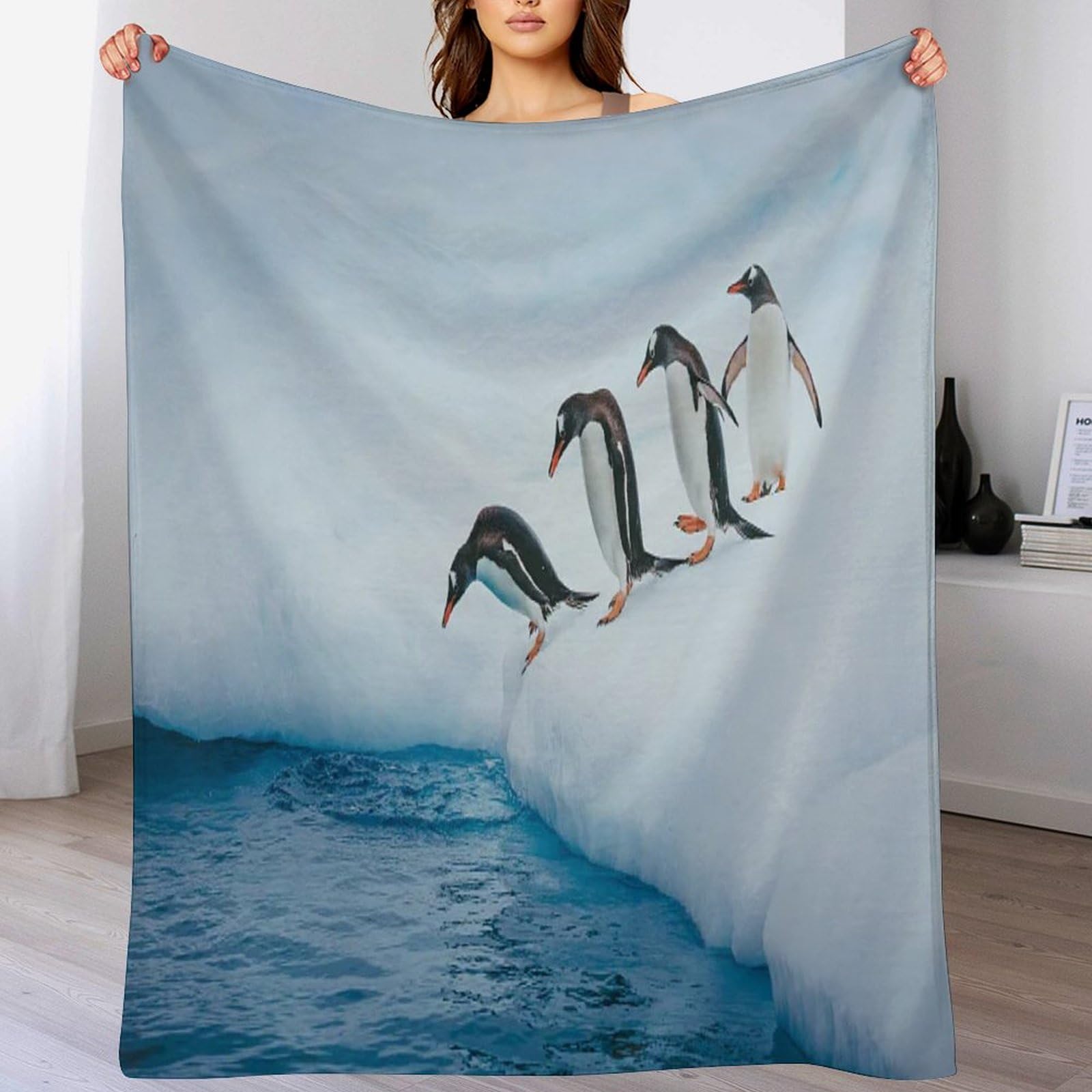 Couvertures de canapé pingouin 3D en flanelle douce pour soirées cocooning