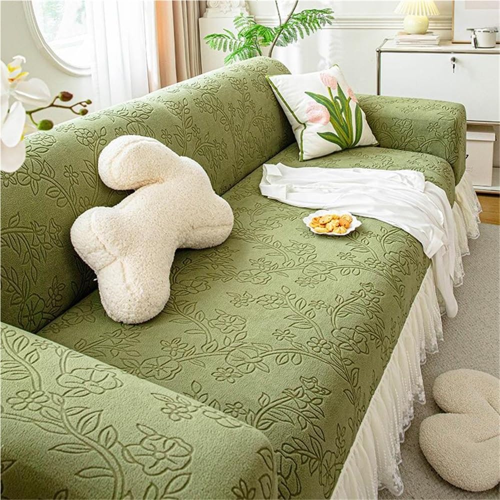 Housse de canapé verte dentelle 6 places pour un salon cosy