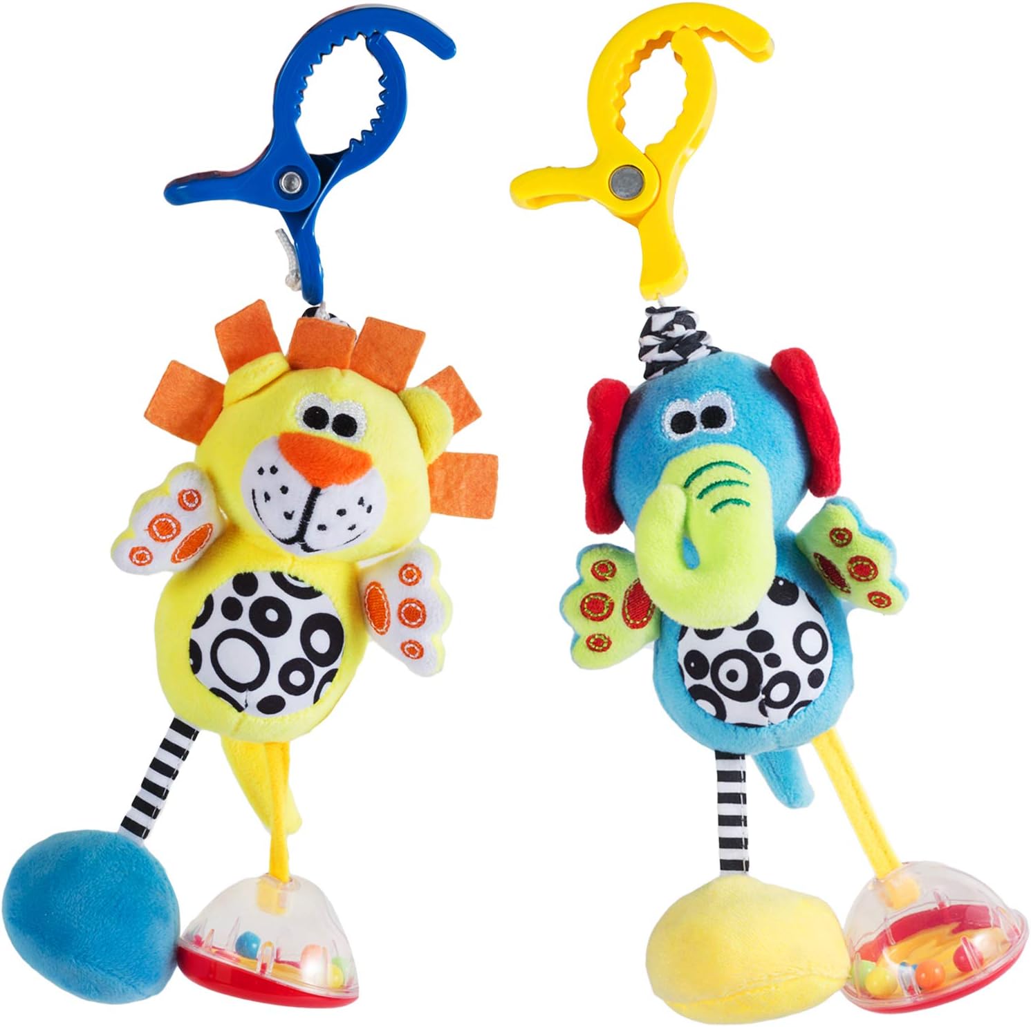 Raneylity - 2 Pack Colorful Animal Rattle Toys for Babies with Sound - Baby Hanging Plush Toy Clip on Pram, Pushchair, Crib, Car Seat - Infants Sensory Toys for 3~12 Months Old Boys and Girls : Toys & Games
