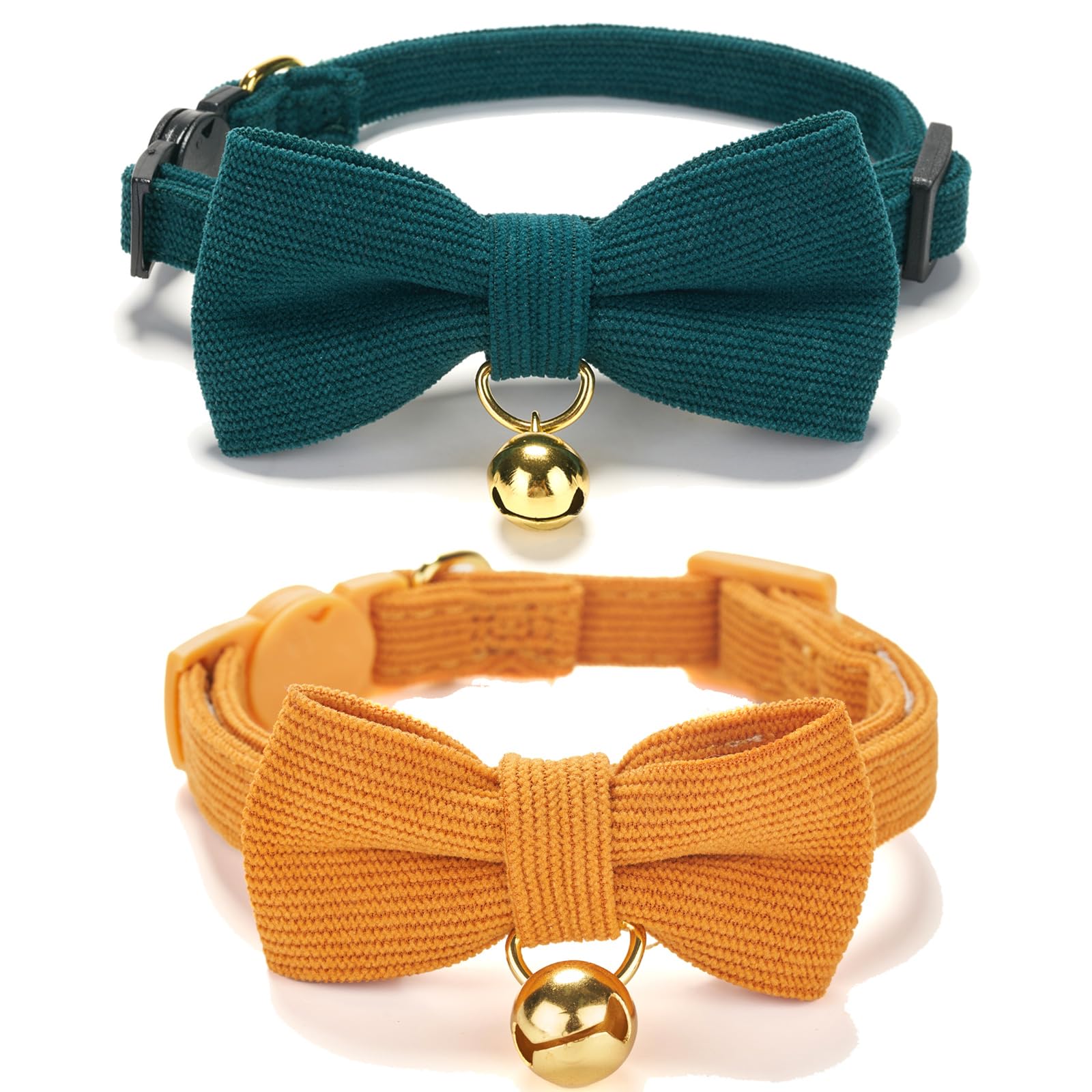 YUDOTE Ultra-soft Collar Natural Cotton Corduroy Made for Cats with Sensitive Skin Safety Feline Collars with Quick-release Buckle and Removeable Bow-tie,Green and Orange Pack of 2