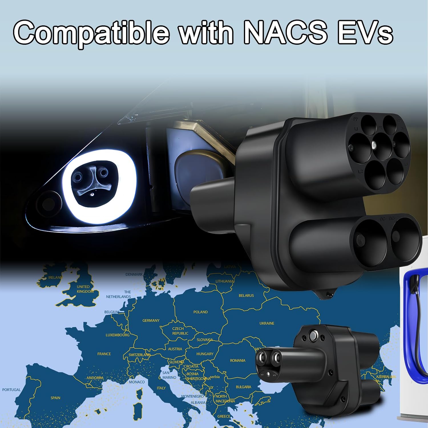 CCS2 to NACS Adapter, 300A 1000V AC/DC CCS2 to NACS Charging Adapter, Fit for Model Y/3/S/X, Compatible with Level 1 2 3 Charging Stations with CCS2 & IEC62196 Plug