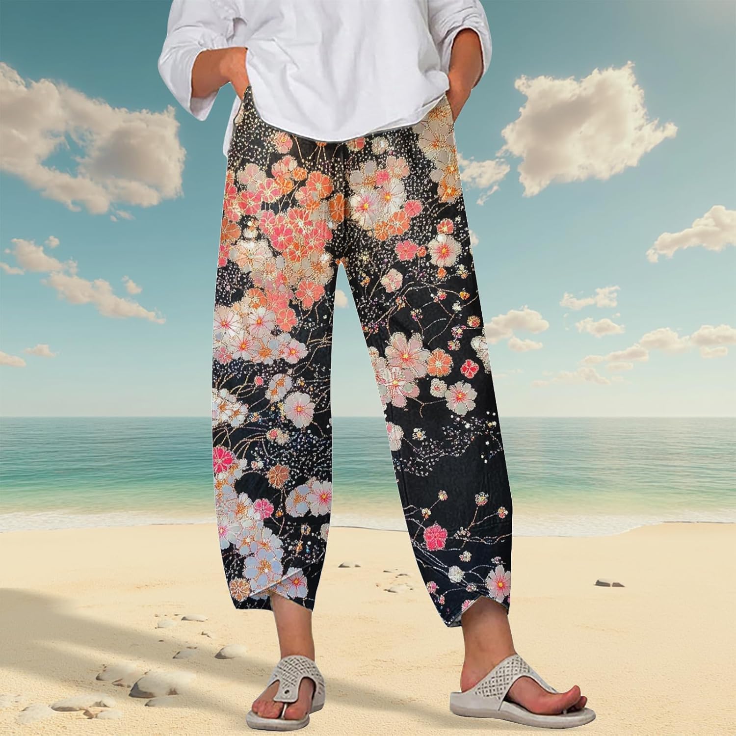 HOTYD Japanese Art Print Capri Pants for Women Elastic High Waist Cropped Pants Summer Casual Baggy Trousers with Pockets - Image 2