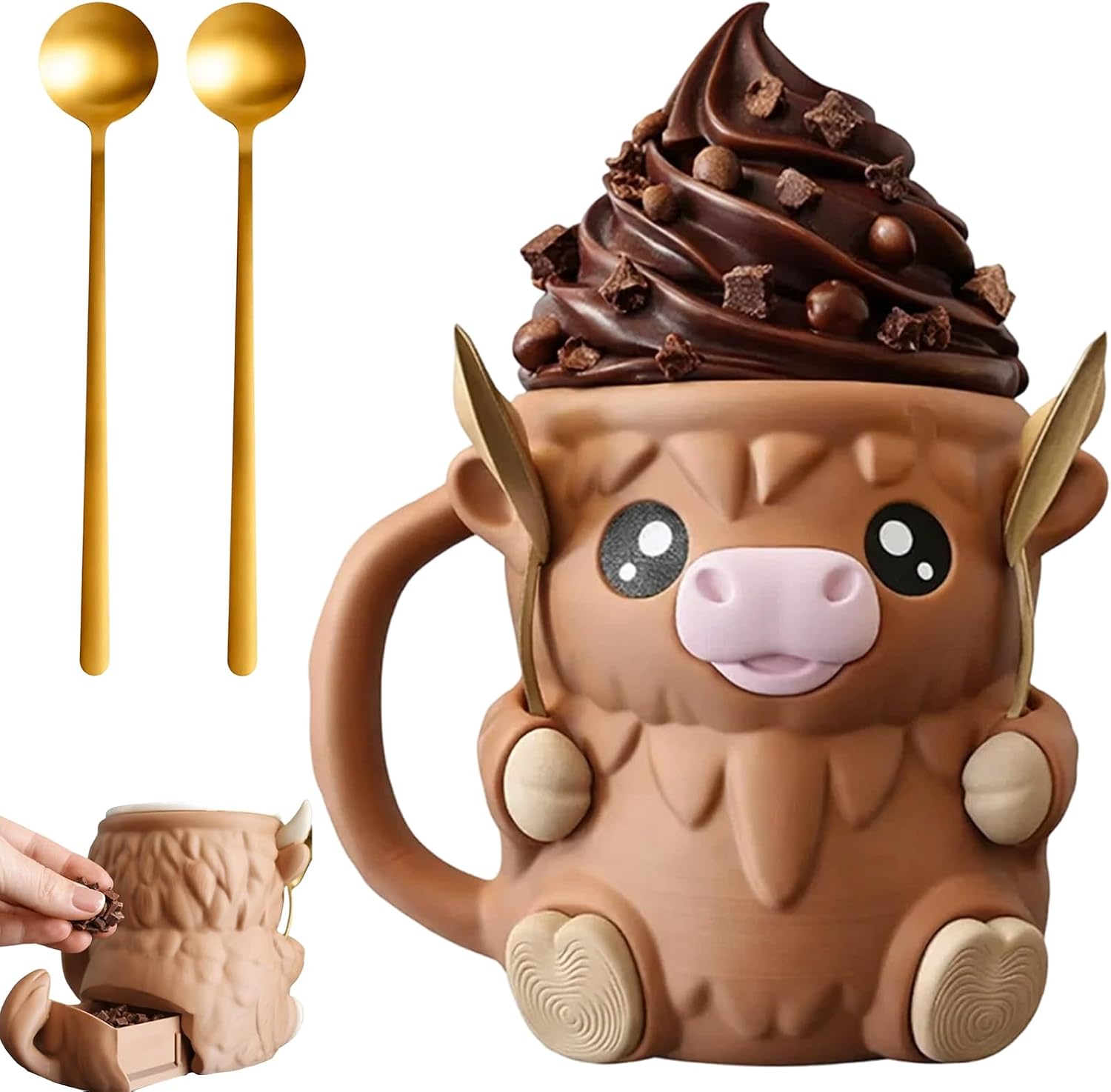 Highland Cow Ice Cream Holder, Ice Cream Containers, 3 PCS Highland Cow Kitchen Decor Includes Ice Cream Containers and Spoons, Ice Cream & Beer Can Sleeve with Handle, for Highland Cow Lovers Gifts