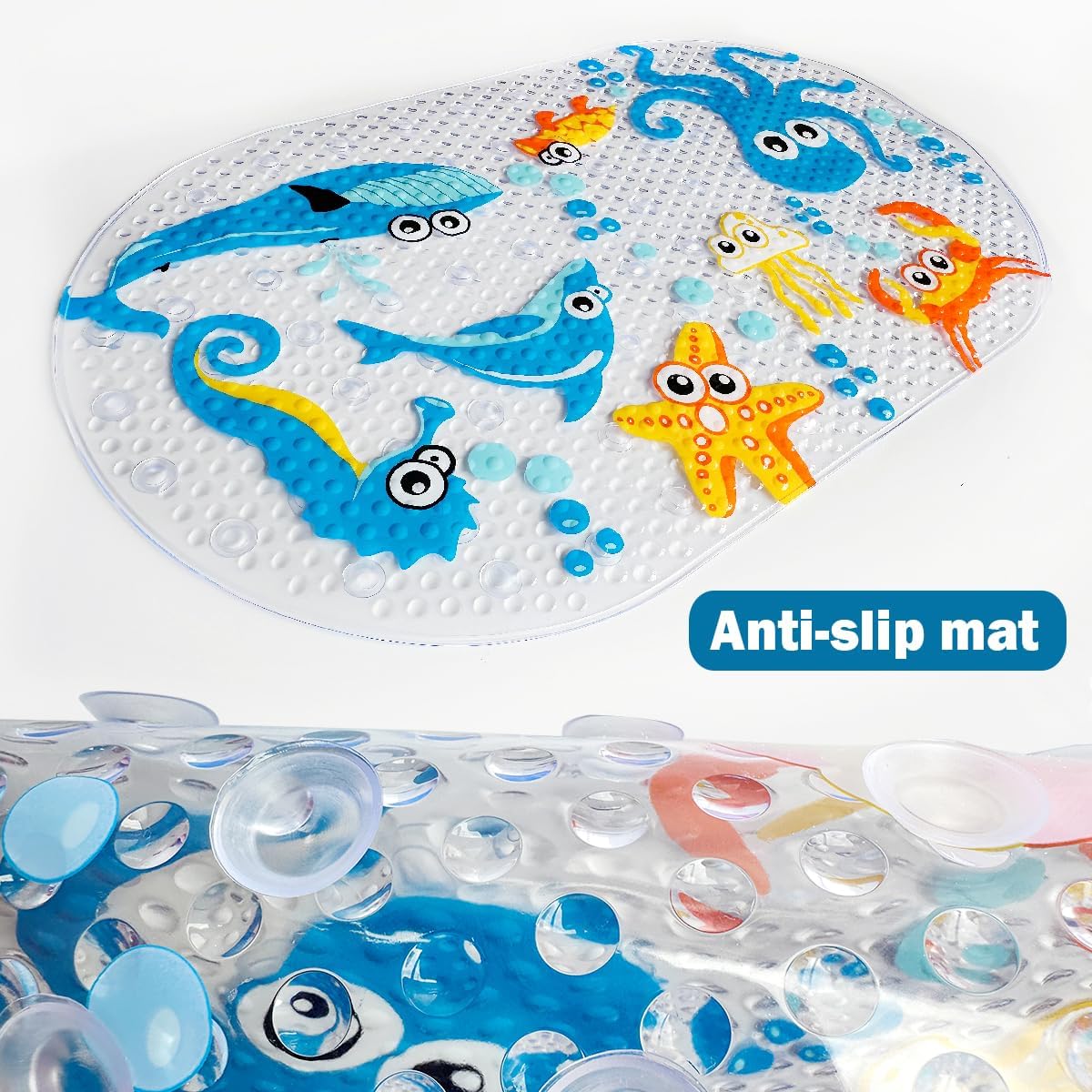 PTAPIPI Kids Bath Mat Non Slip for Tub, 27 x 15 Inch Oval Baby Bath Mat with Suction Cups, Sea Animal Design Toddler Shower Mat, Machine Washable (Cute Cartoon Octopus)
