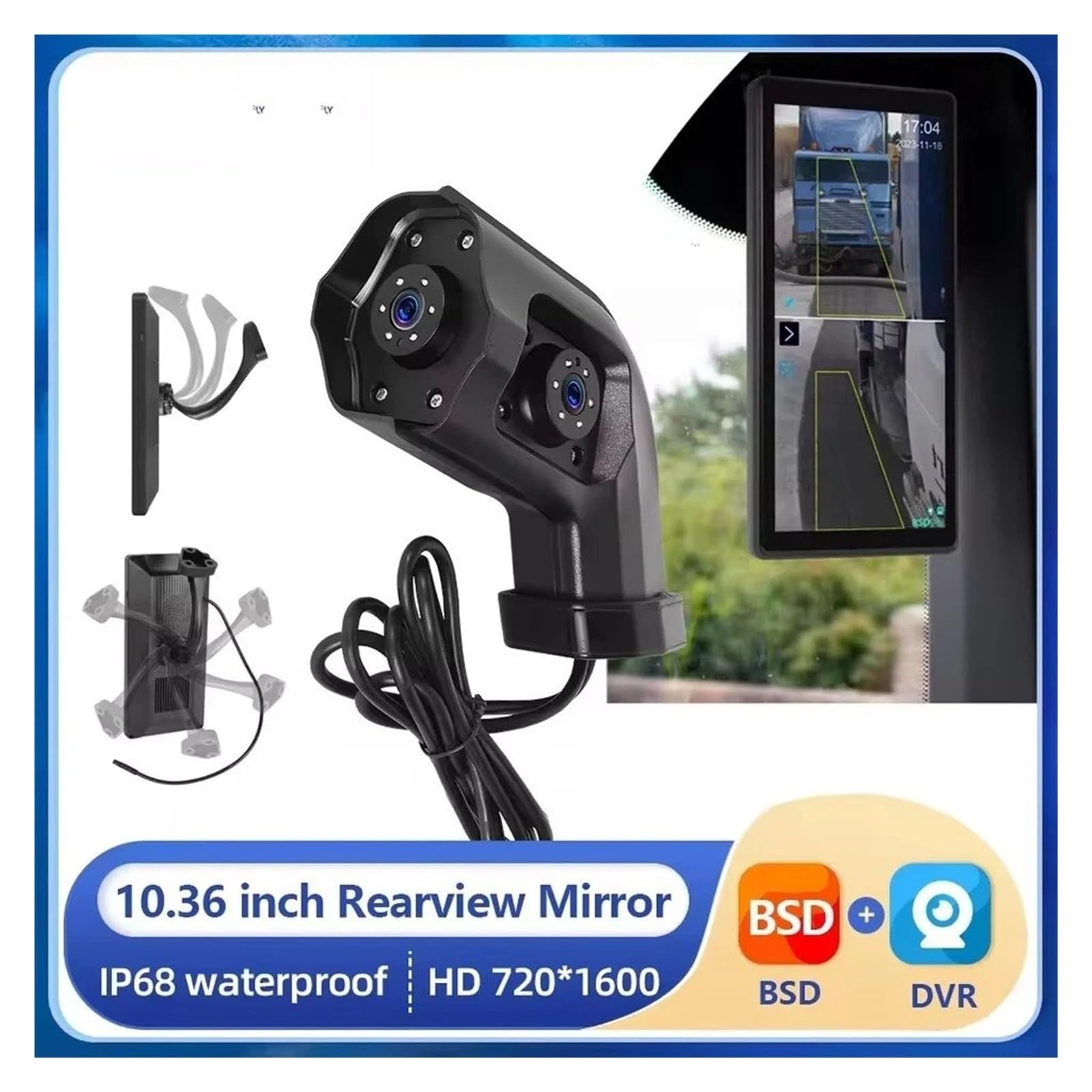 Cámara Aparcamiento Monitor Respaldo DVR 1036 Pulgadas con Dos Cámaras Retrovisor Visión Nocturna Monitoreo Punto Ciego Derecho con BSD para Camión Camara Marcha Atras(None,Derecha)