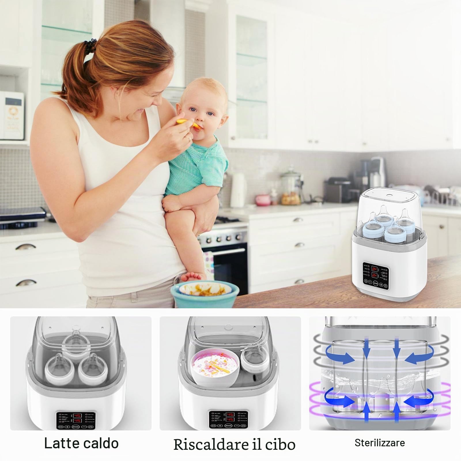 Scaldabiberon per bambini, sterilizzatore 8 in 1 per biberon con pianificazione intelligente, sterilizzazione a vapore, funzione di mantenimento del calore 24H, scalda biberon (grigio)