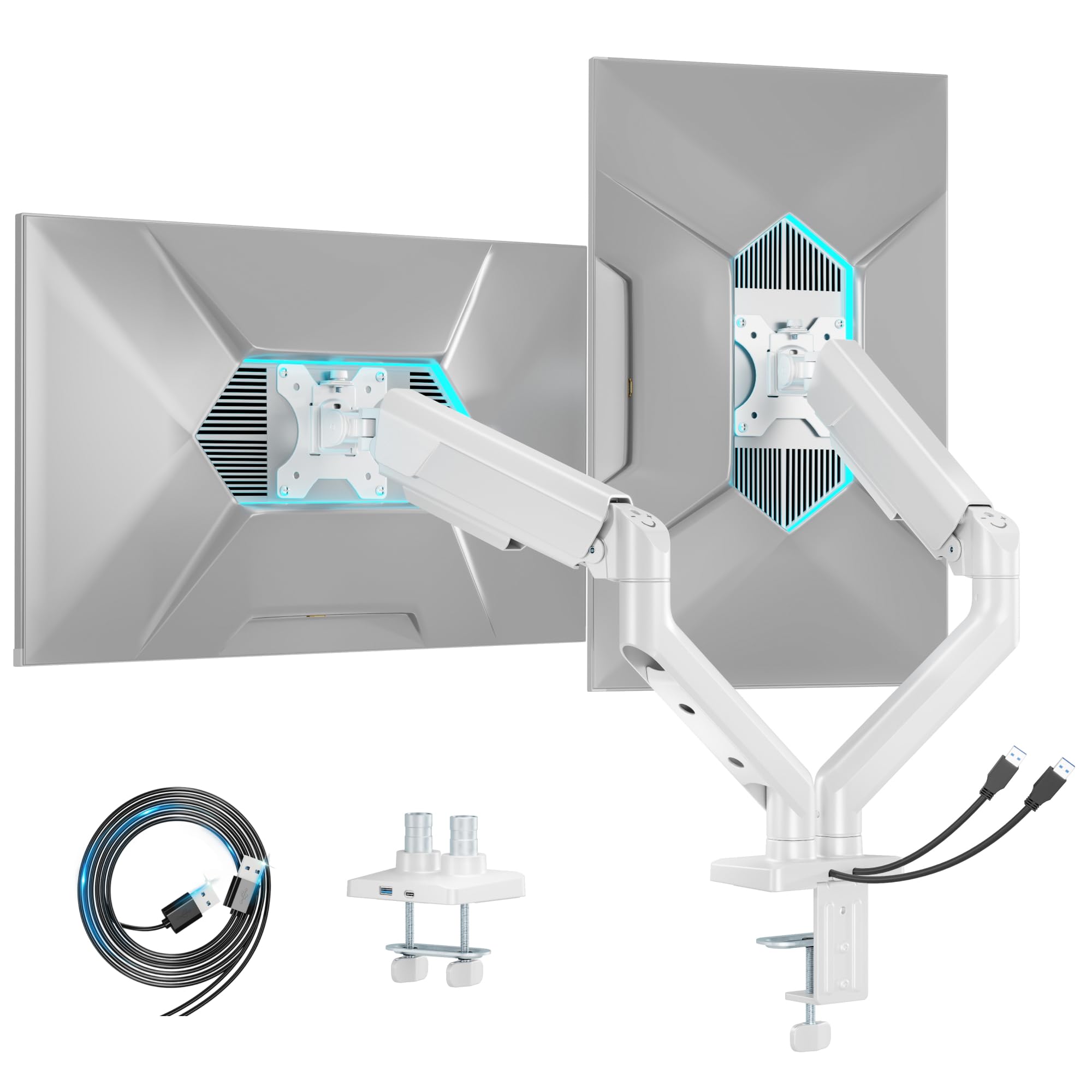 ARES WING Dual Monitorarm für 2 Monitore 17-35 Zoll, USB-A/C, Weiß | Dual Monitorarm mit 2-12 kg Tragkraft, Monitorarm mit Kabelmanagement – Neig-/Schwenk-/Drehbar, VESA 75/100 mm