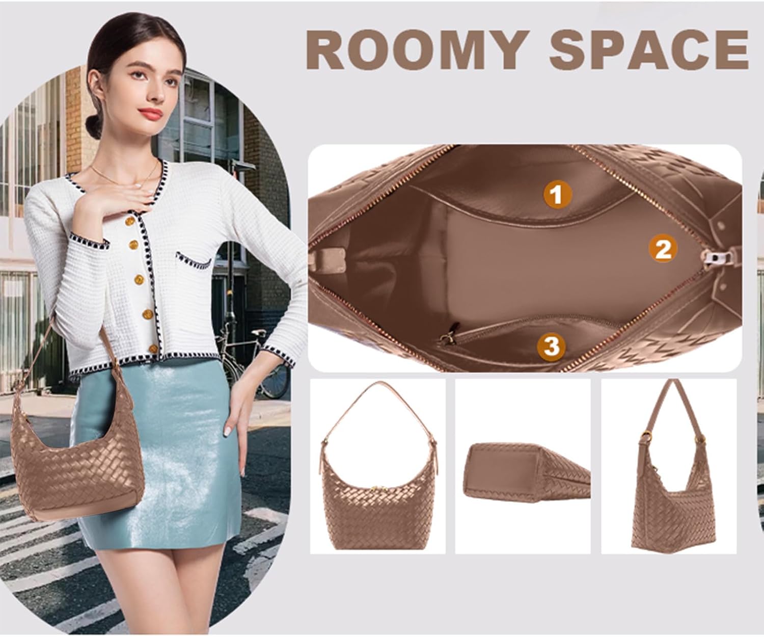 Shoulder Bag Handbags Women's Crossbody Woven Clutch Purses for Women Tote Bags Adjust Strap Hobo with Zip Closure - Image 5