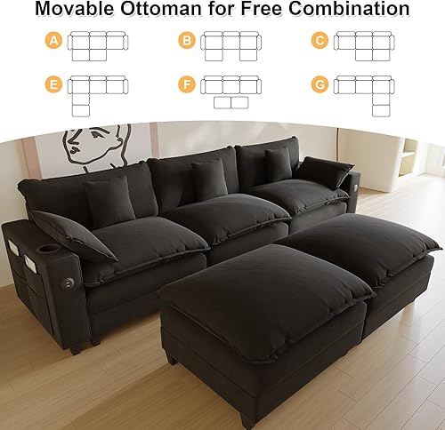 Miniatura 7 de Sofá modular en forma de U de 116 pulgadas, sofás seccionales de felpilla para sala de estar, sofá modular de nube con otomana móvil, moderno sofá