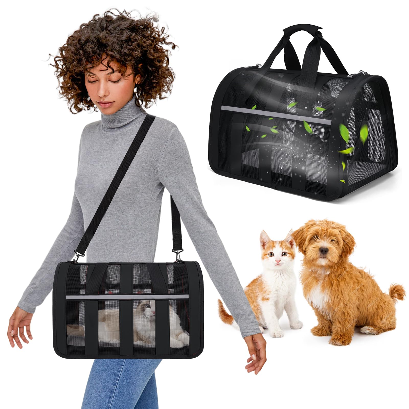 PETCUTE Transportín Gato Perro Transpirable,Bolsa de Transporte Plegable para Mascota con Colchón Suave y Hebilla de Seguridad,Transportín para Gatos con Bolsillos para Coche, Avión,Viaje