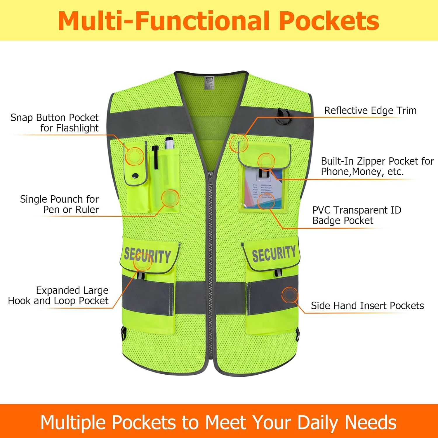 TCCFCCT Mesh Security Vest for Men Women 9 Pockets High Visibility Reflective Safety Vest, Hi Vis Vest with Reinforced Sewing, Durable to Use, Meets ANSI/ISEA, (G100S-Yellow, 2XL) - Image 3