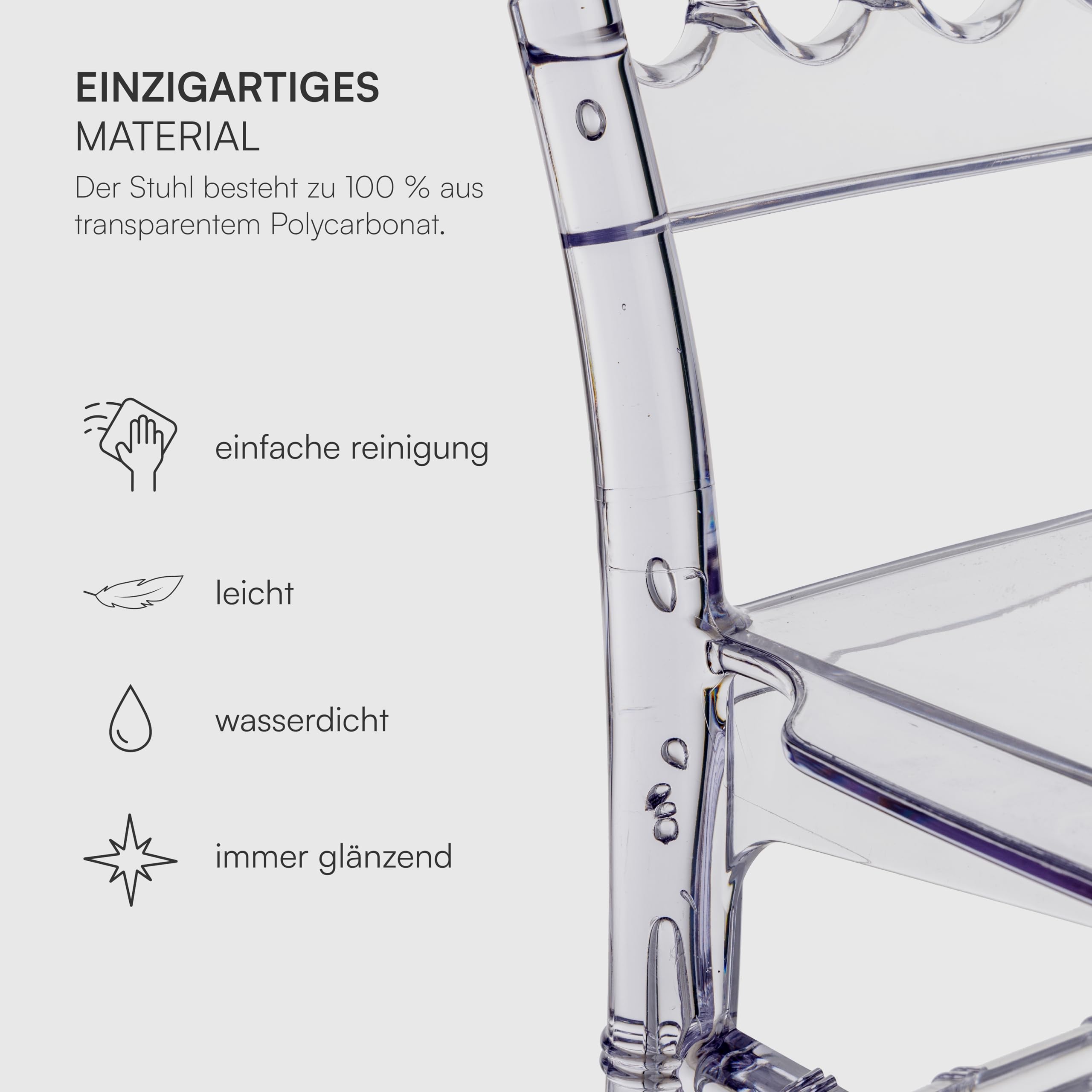 Baroni Home Set aus 4 transparenten Polycarbonat-Stühlen, Elegantes stapelbares und wasserfestes Design für Wohnzimmer, Esszimmer, Schlafzimmer, 38X38X91 cm, Bambus