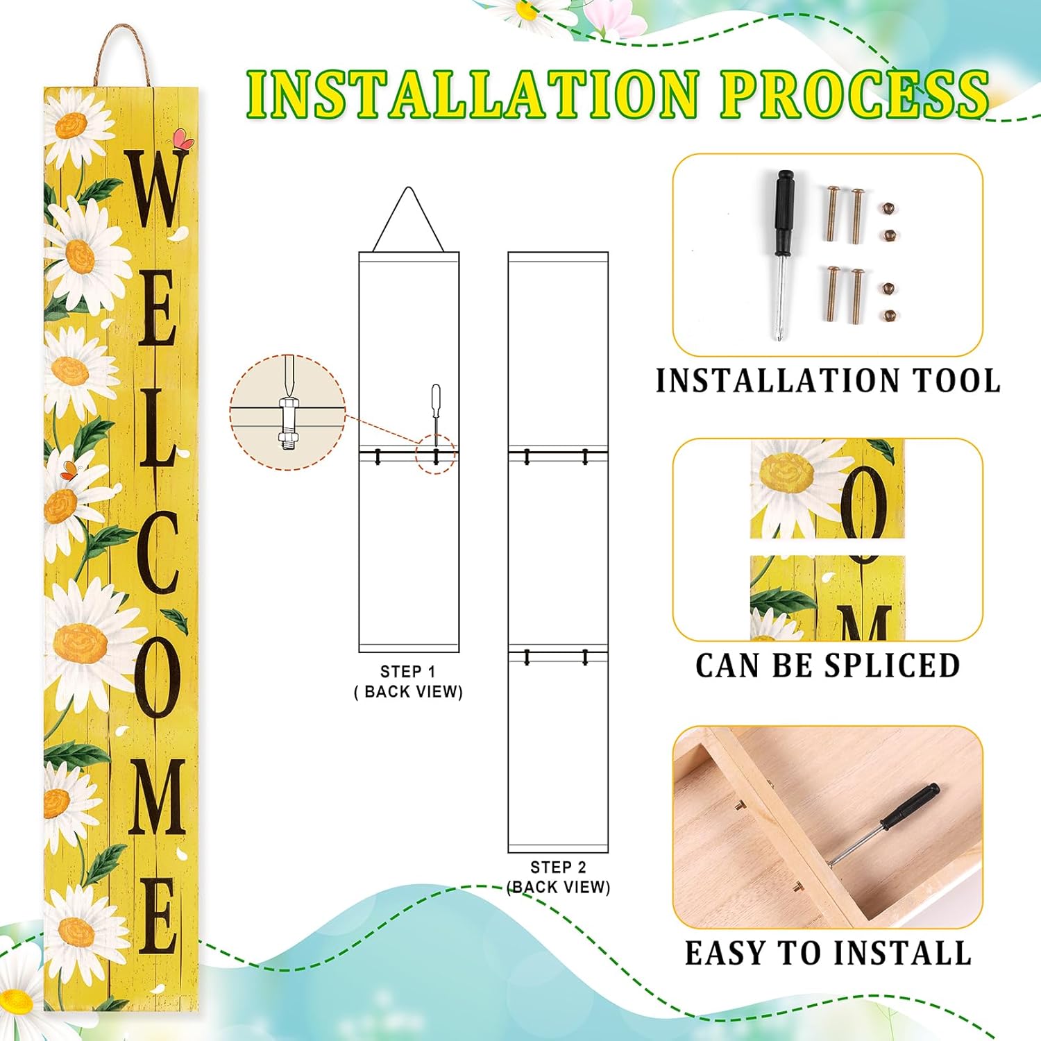 Spring Summer Welcome for Front Porch Standing, Daisy Wooden Porch Sign for Front Door Decorations, Rustic Farmhouse Hanging Wall Sign for Spring Home Decor, 47.2"H