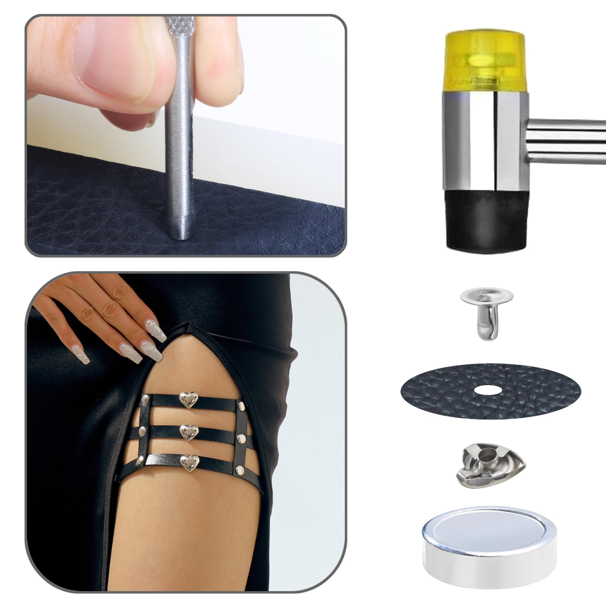 YORANYO Kit de 150 remaches de cuero de tamaños mixtos para tachuelas de corazón de cuero para ropa, remaches plateados de tela con herramienta de remache de cuero para manualidades de cuero para
