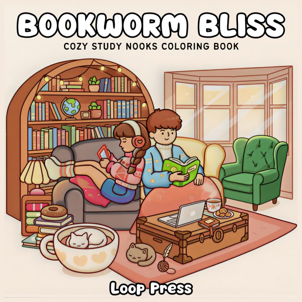Bookworm Bliss: Cozy Study Nooks Coloring Book: Cute and Simple Line Art for Adults and Teens to Unwind with Reading, Libraries, and Hygge Moments for Relaxation