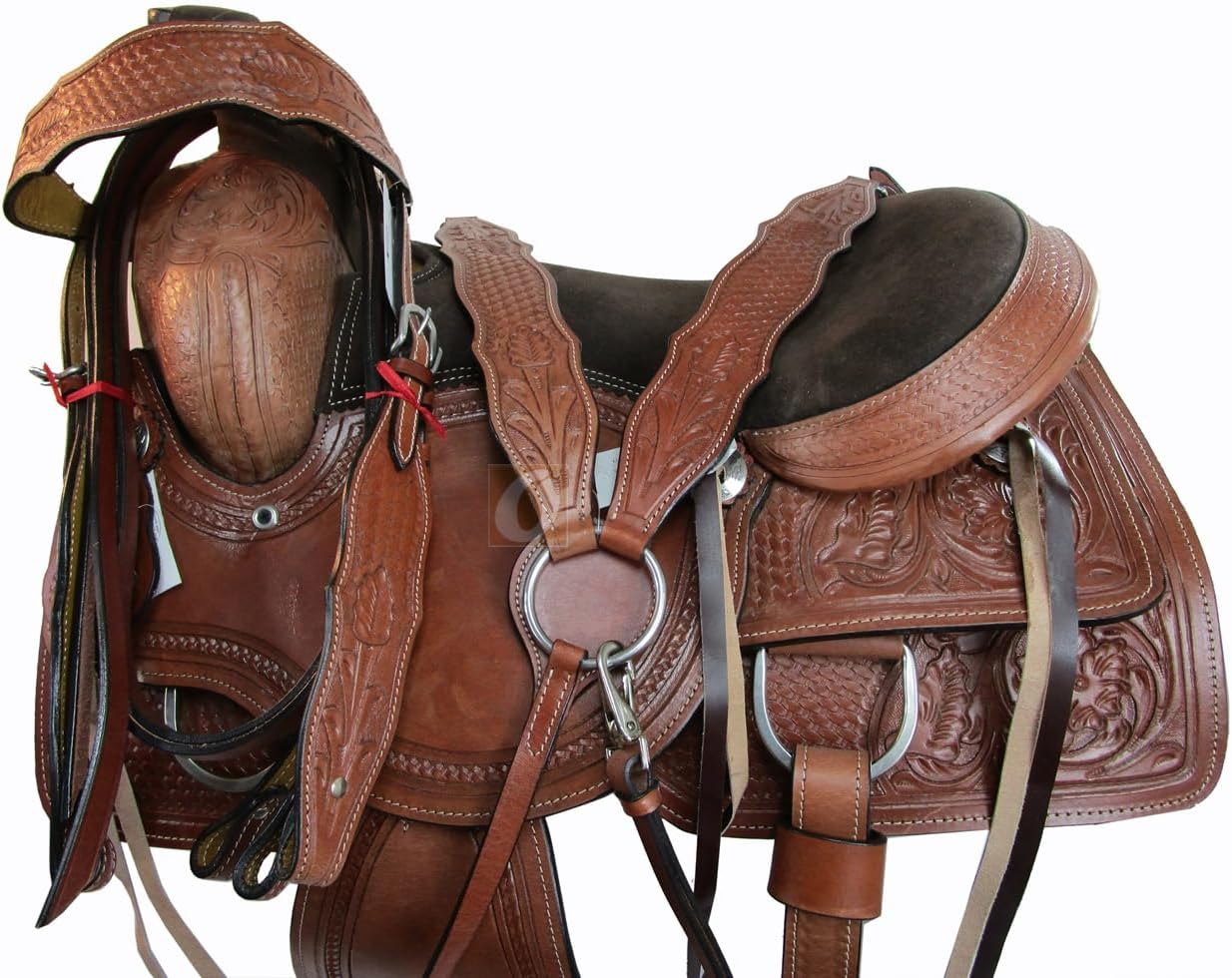 Western Saddle Trail Pleasure Horse Saddles Rodeo Cowboy Floral Tooled Leather Tack Set 15 16 17 18