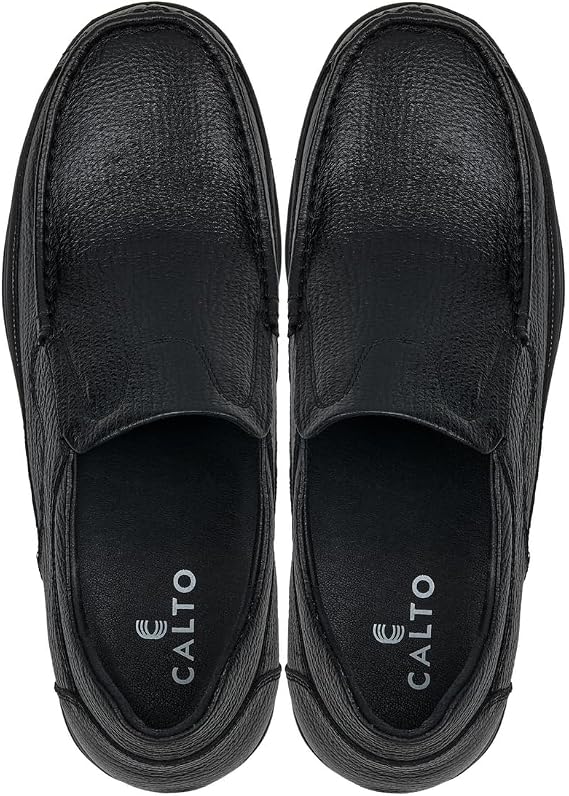 CALTO Men's Invisible Height Increasing Elevator Shoes - Black Premium Leather Slip-on Lightweight Casual Loafers - 3 Inches Taller - G1825 - Size 6 D(M) US