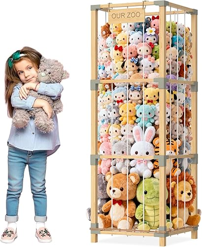 Almacenamiento zoológico de animales de peluche de 200 litros, soporte extra grande de 3 niveles, torre de almacenamiento de peluches de bambú