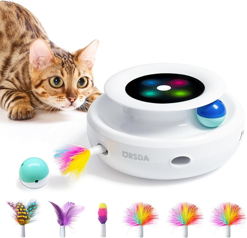 ORSDA Juguetes interactivos 2 en 1 para gatos de interior, temporizador de encendido/apagado automático, bolas de juguete para gatos y juguete electrónico para ratones de gato para entretenimiento con 6 plumas, fuentes de alimentación duales