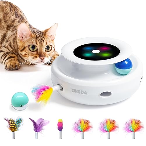 ORSDA 2in1 Interactive Toys for Indoor Cats, Timer Auto On/Off, Cat Toy Balls & Ambush Electronic Cat Mice Toy for Entertainment with 6pcs Feathers, Dual Power Supplies - Ivory White